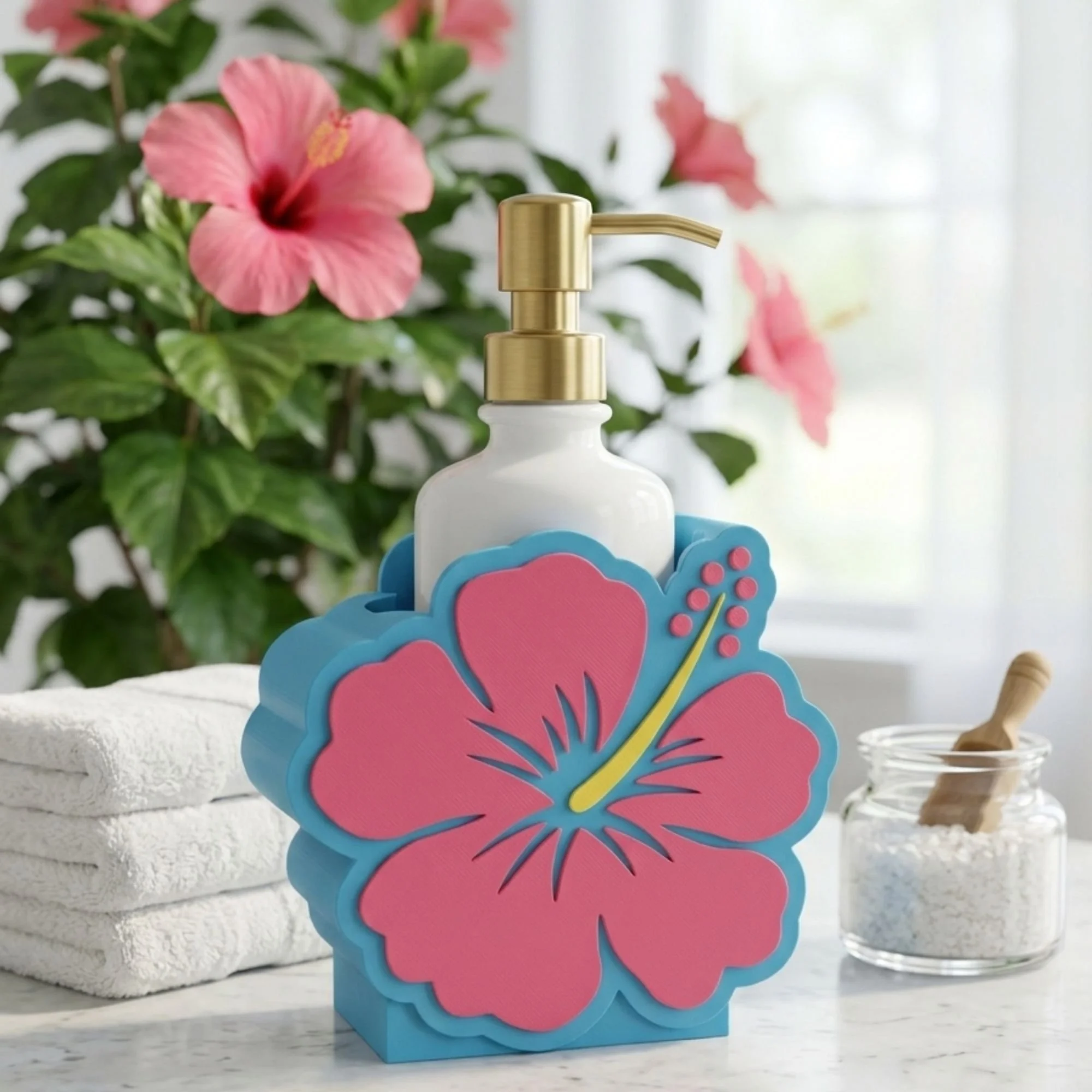 Hibiscus Floral Soap Bottle Holder – Custom 3D Printed Countertop Decor for Bath & Body Works Bottles