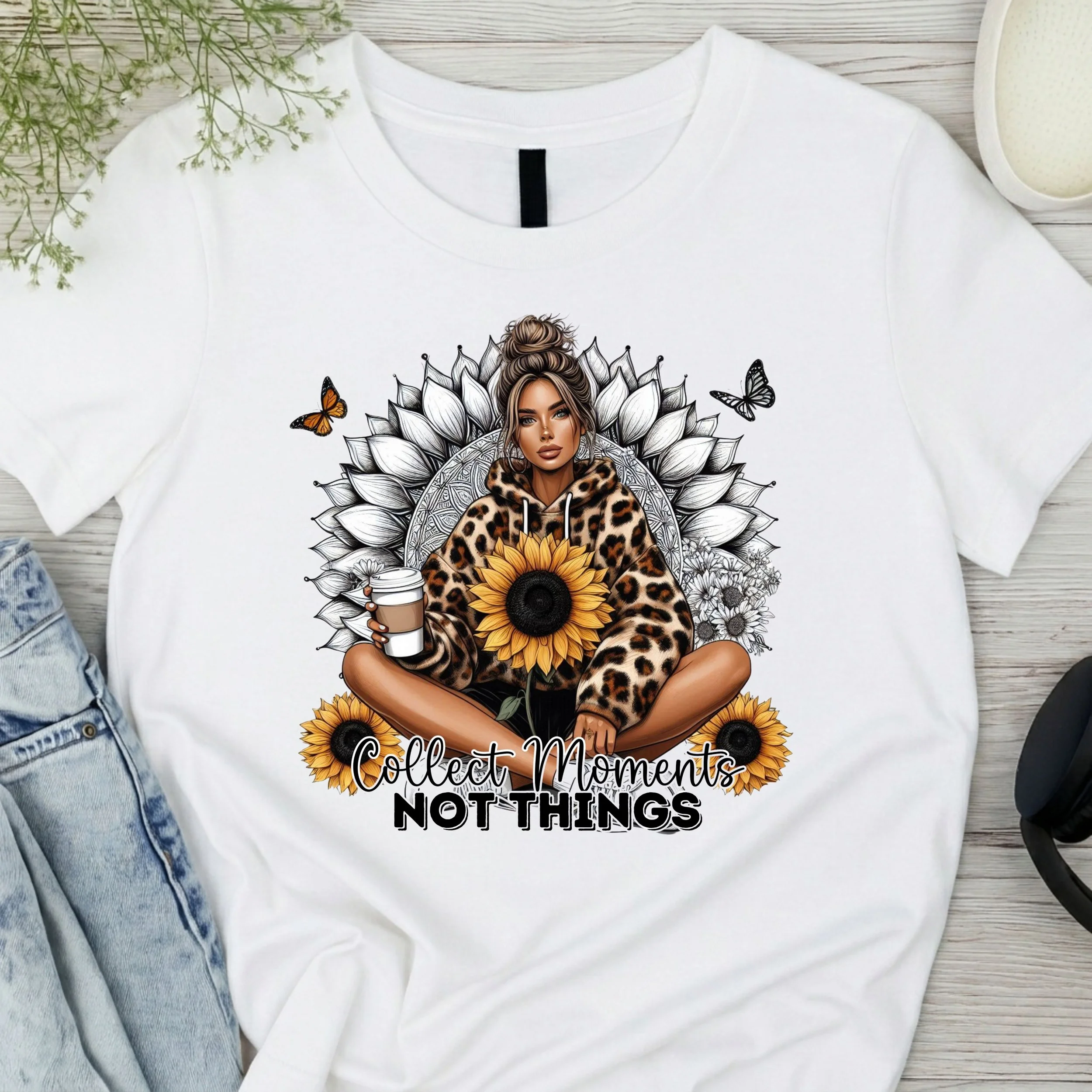"Collect Moments Not Things" Graphic Tee | Boho Style Sunflower Shirt | Cozy Lifestyle Aesthetic T-Shirt | Gift for Her