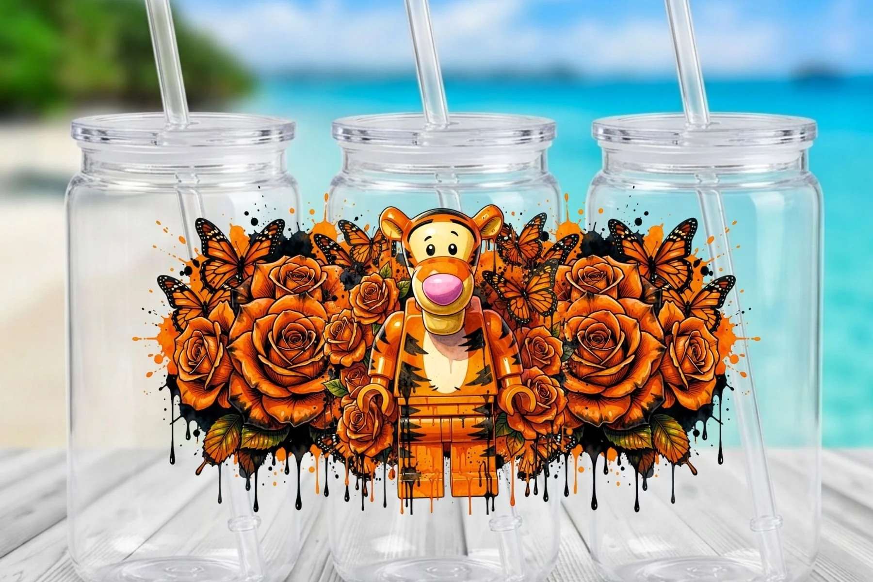Tigger Block Figure, Orange Rose & Butterfly 16 oz. Can-Shaped Pink Plastic Tumbler