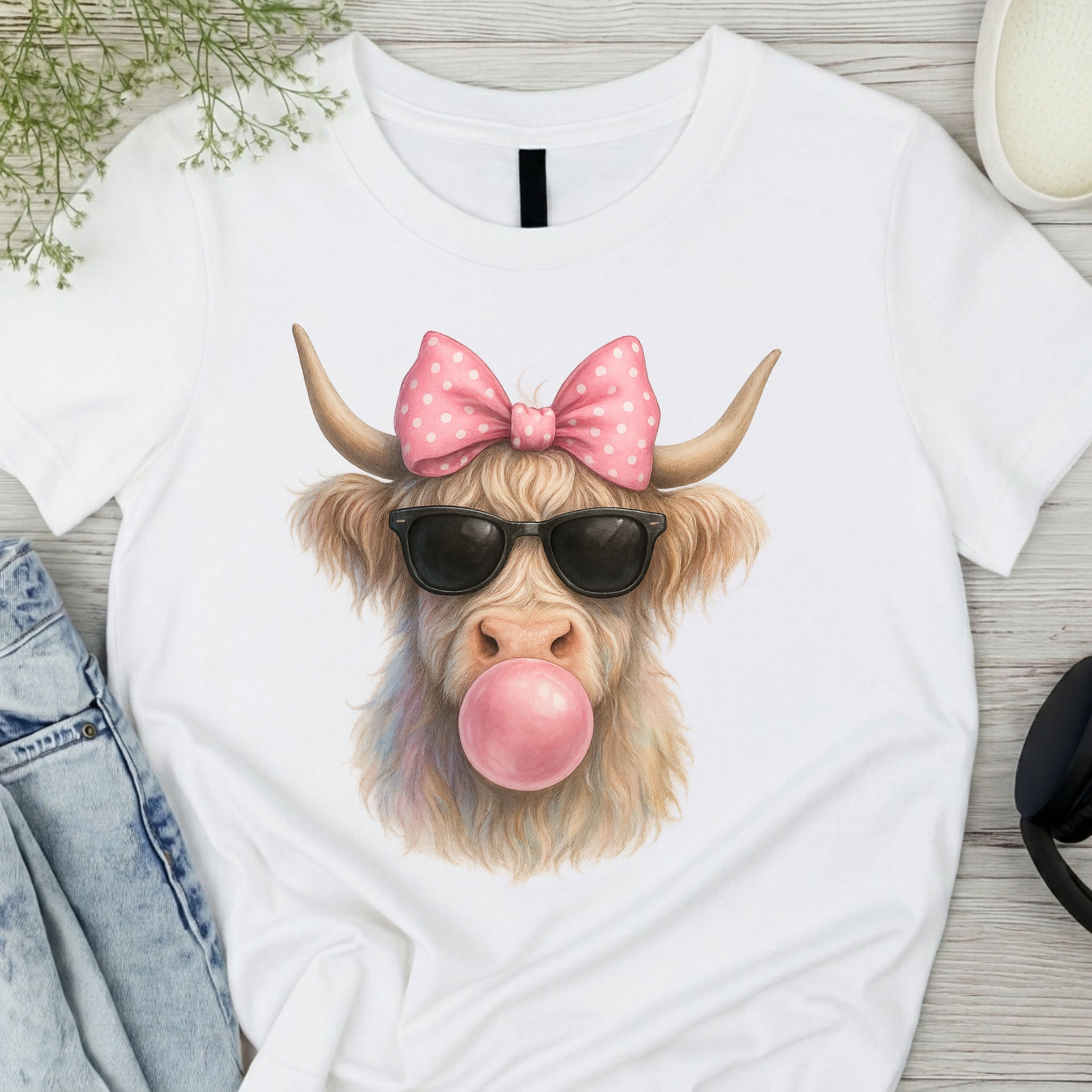 Cool Highland Cow Graphic T-Shirt - Funny Farmhouse Tee - Highland Cow with Sunglasses and Bubblegum