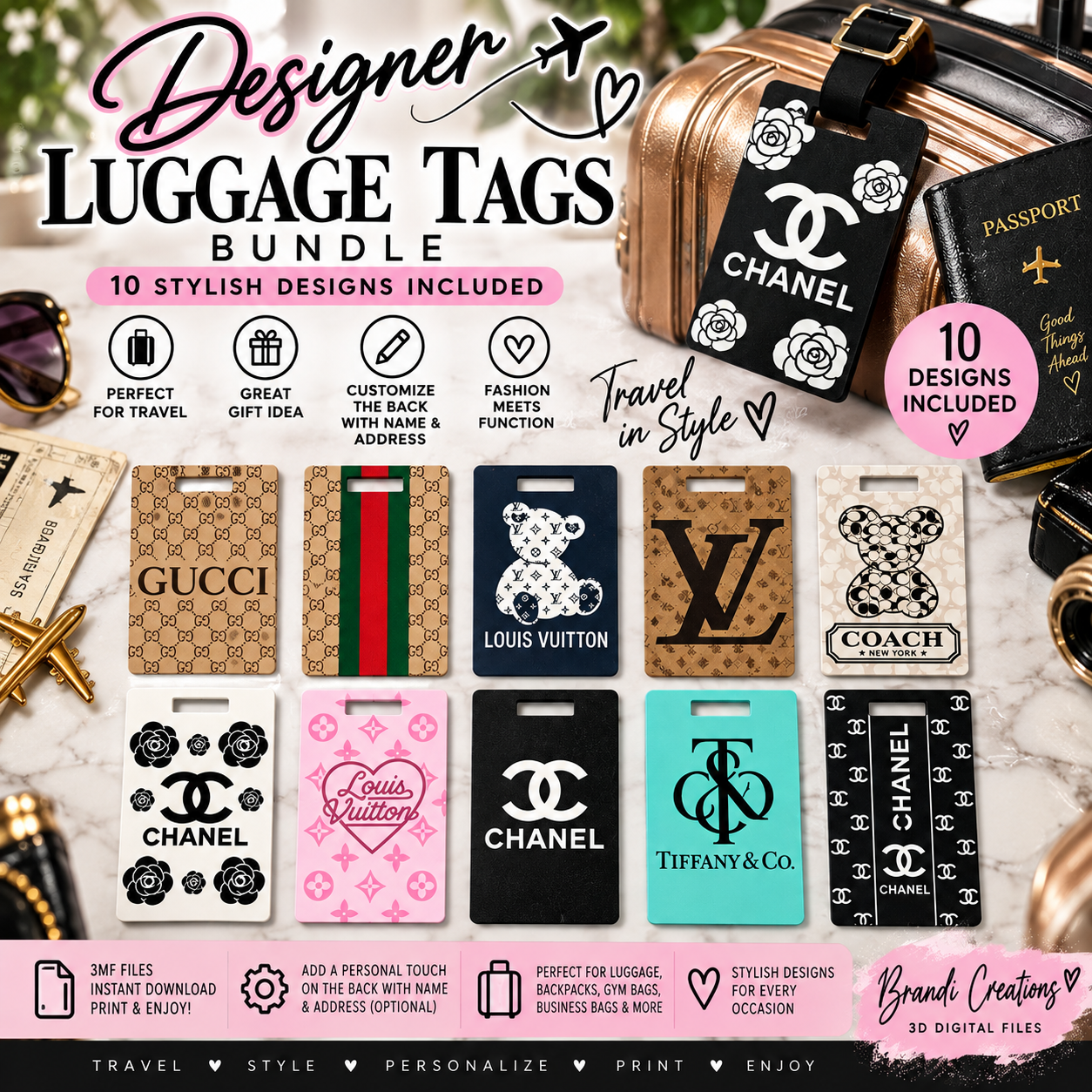 Designer-Inspired Luggage Tag Bundle – 10 Digital 3MF Files