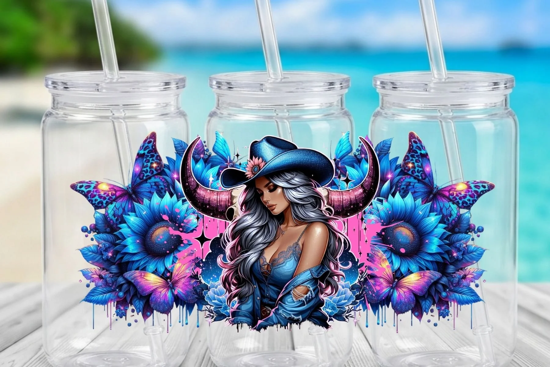 Cowgirl Aesthetic & Blue Sunflower 16 oz. Can-Shaped Plastic Tumbler
