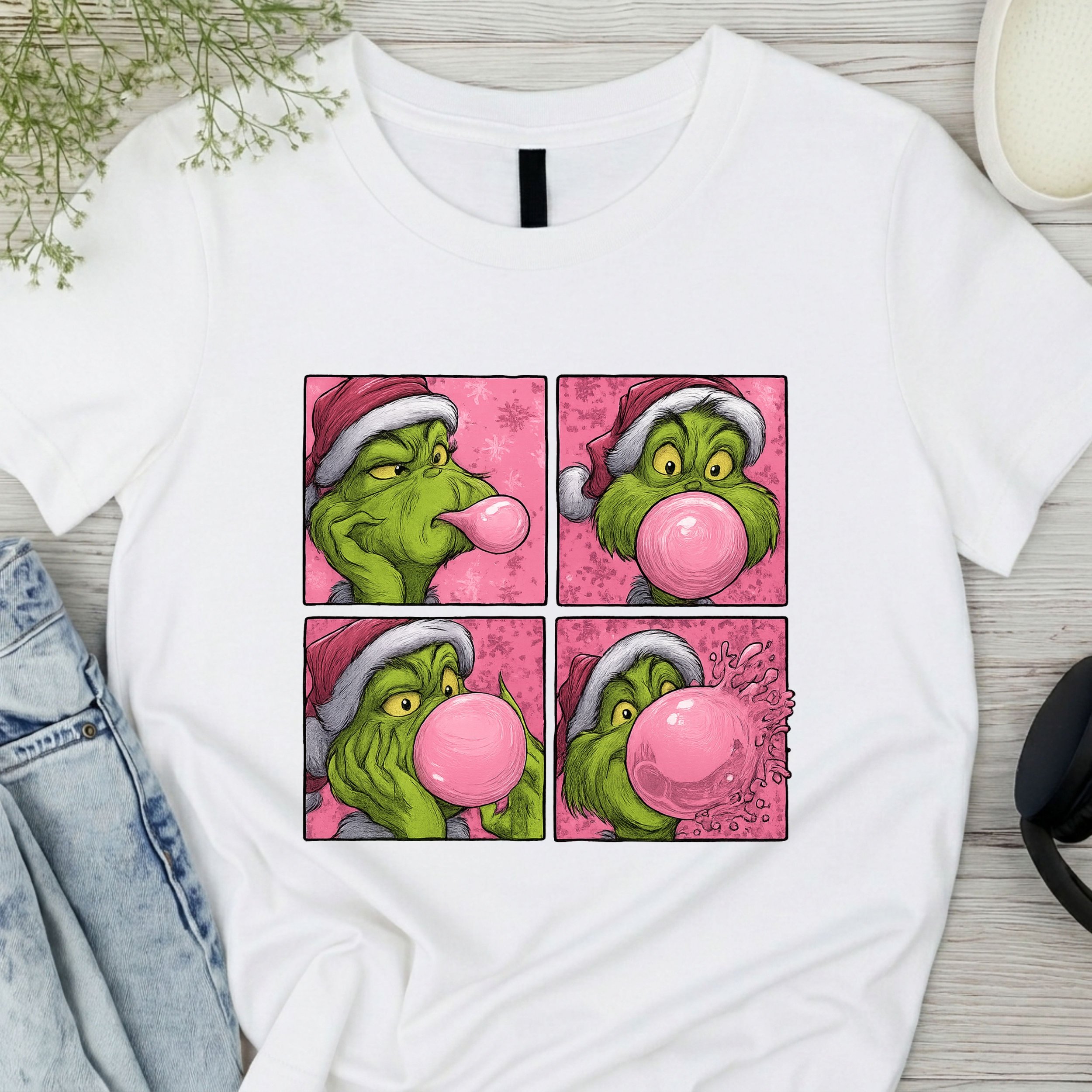 Grinch Bubblegum Graphic T-Shirt - Funny Holiday Cartoon Tee - Sassy Christmas Apparel