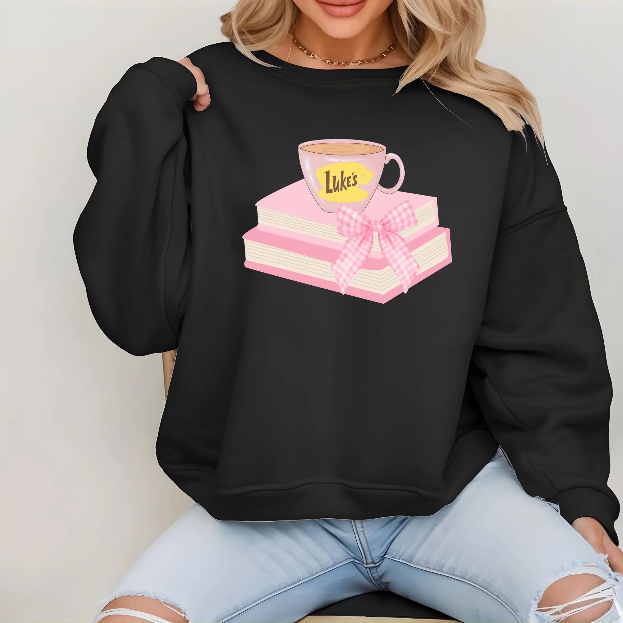 Luke’s Diner Book Stack Sweatshirt | Gilmore Girls Inspired Reading Sweater | Pink Gingham Bow Graphic Pullover | Cozy Bookworm Gift