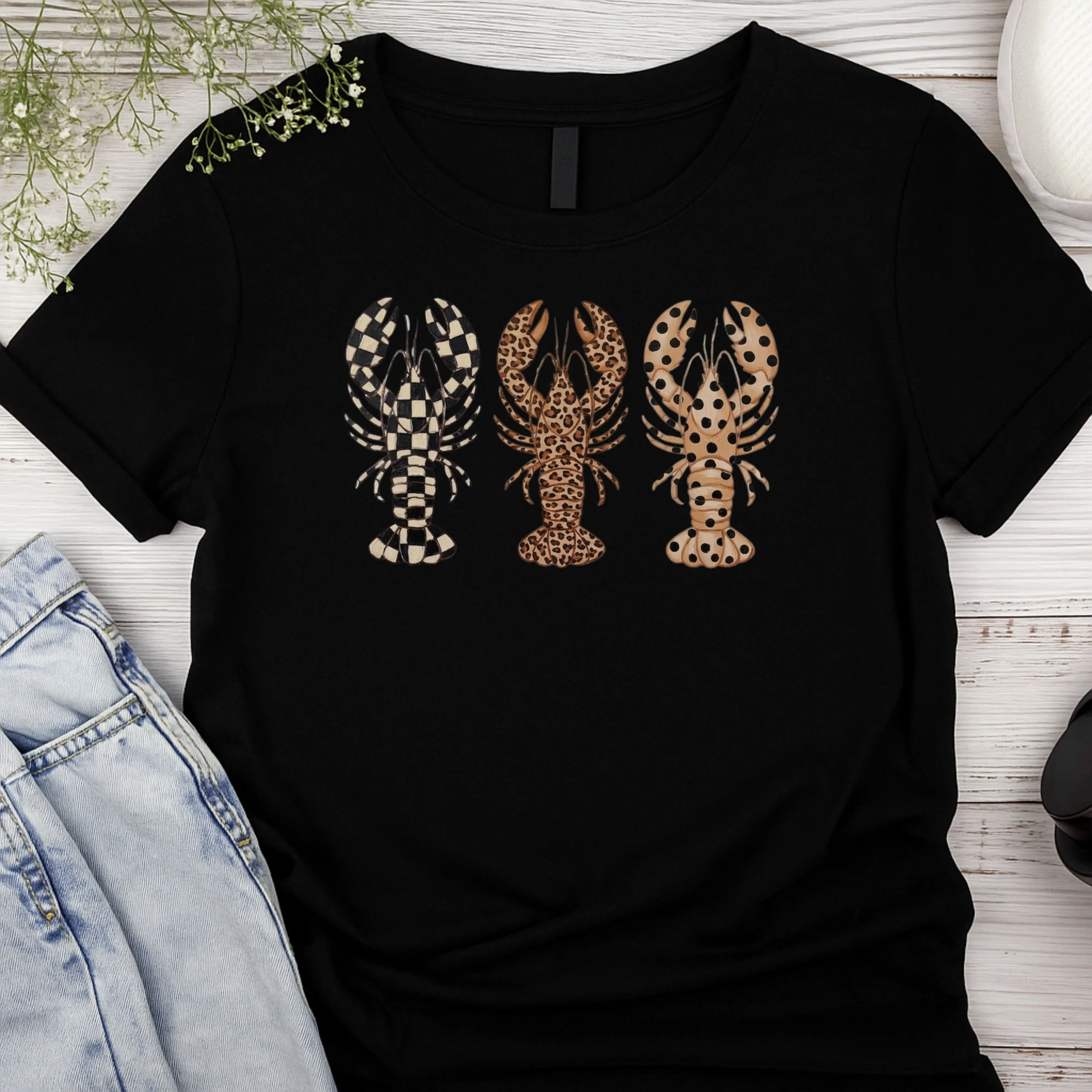 Patterned Lobster Graphic T-Shirt - Checkered, Leopard & Polka Dot Crustacean Tee - Quirky Coastal Apparel