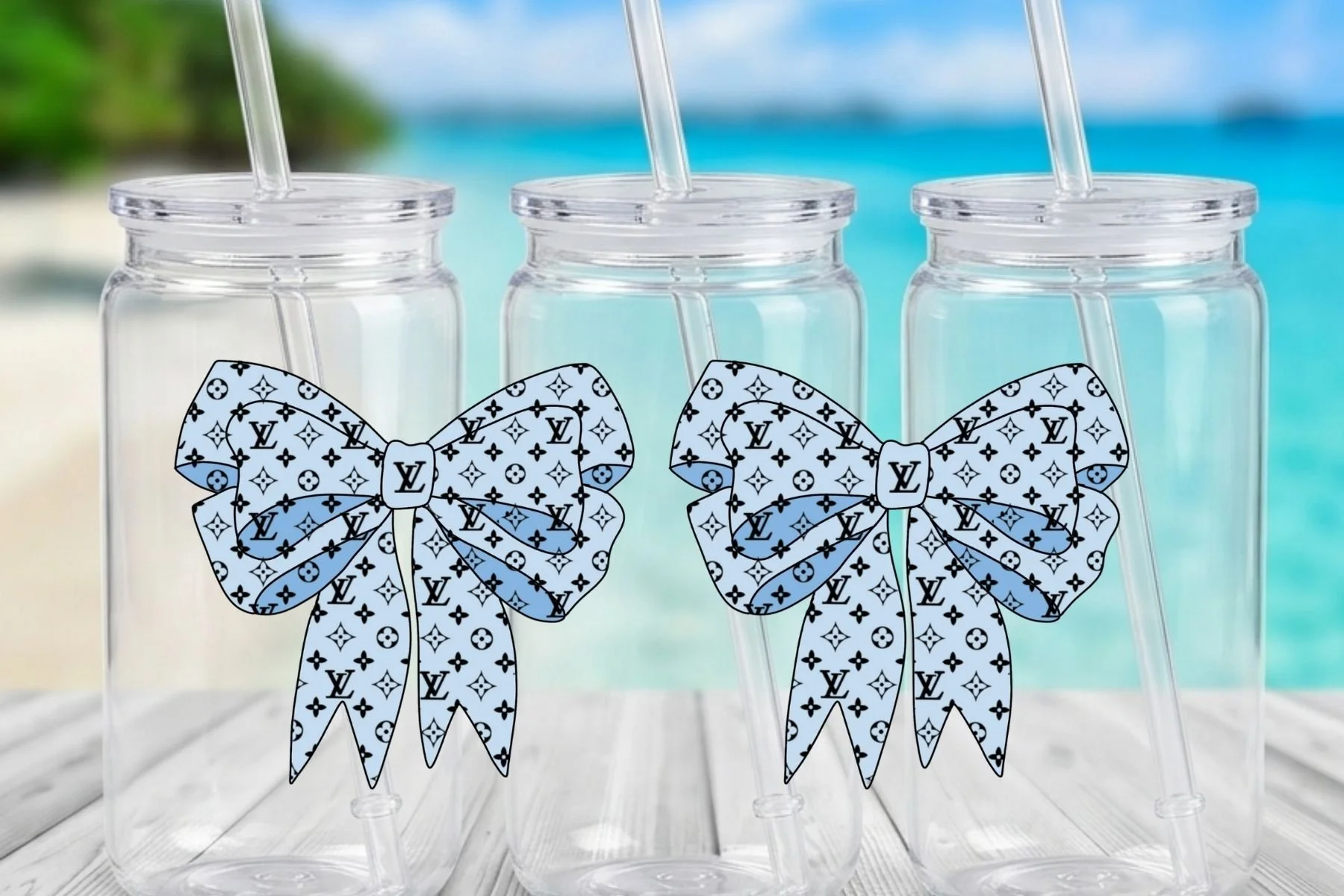 Blue Designer-Inspired Monogram Bow 16 oz. Can-Shaped Plastic Tumbler