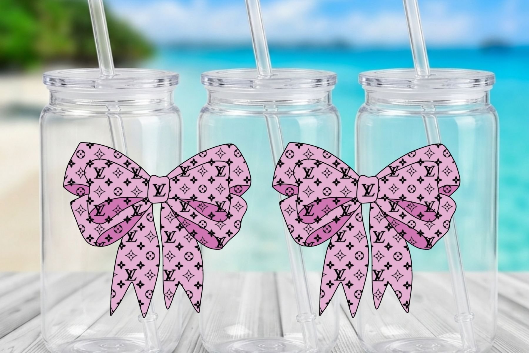 Pink Designer-Inspired Monogram Bow 16 oz. Can-Shaped Plastic Tumbler