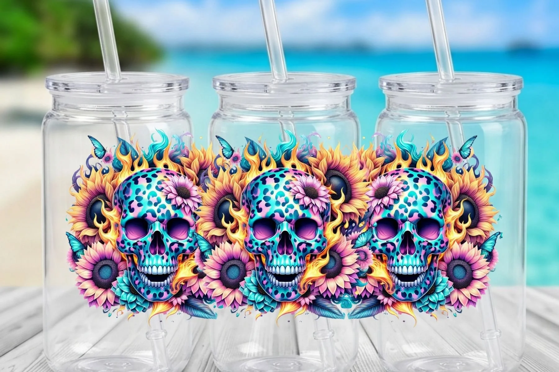 Colorful Leopard Print Sugar Skull & Sunflower 16 oz. Can-Shaped Plastic Tumbler