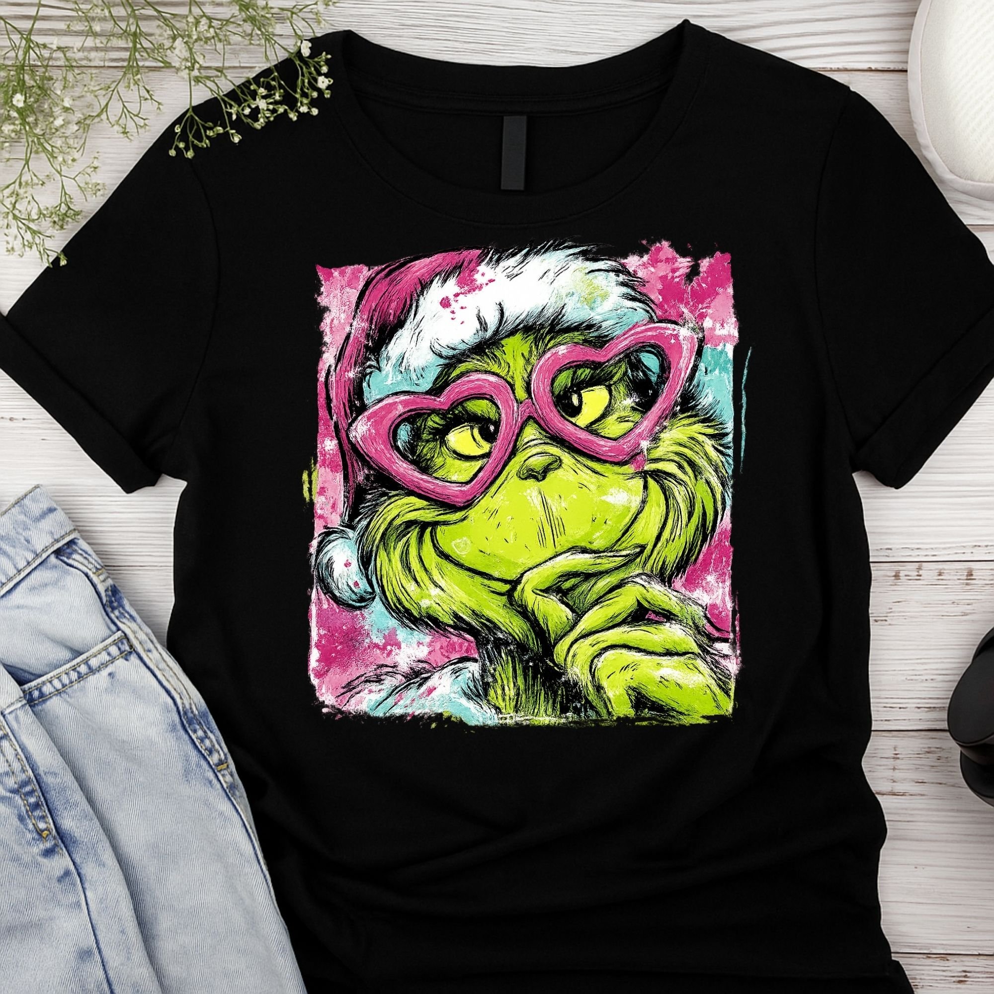 Stylish Grinch Graphic T-Shirt - Fashionable Holiday Cartoon Tee - Sassy Christmas Apparel