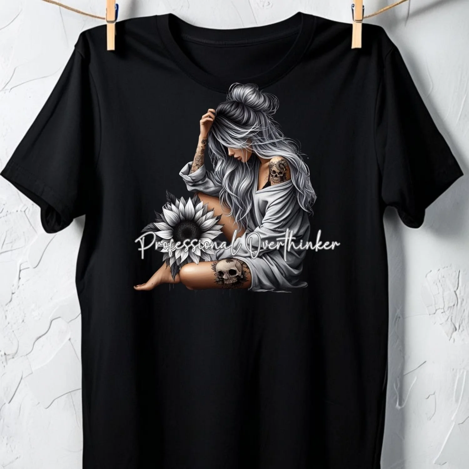 Professional Overthinker – Sunflower & Skull Graphic Unisex Tee
