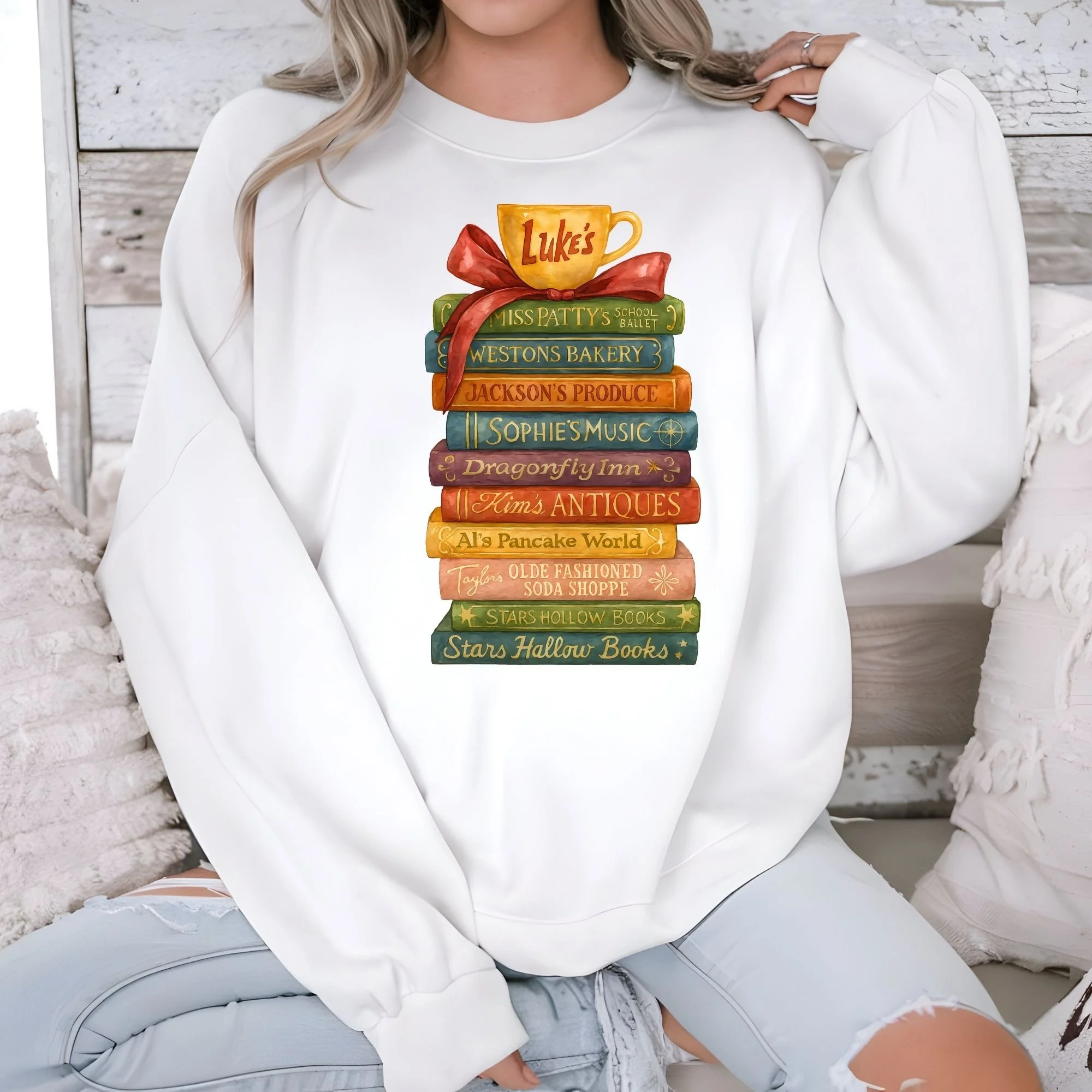 Stars Hollow Book Stack Sweatshirt | Gilmore Girls Inspired Cozy Reading Sweater | Iconic Landmarks Graphic Pullover | Gift for Book Lovers