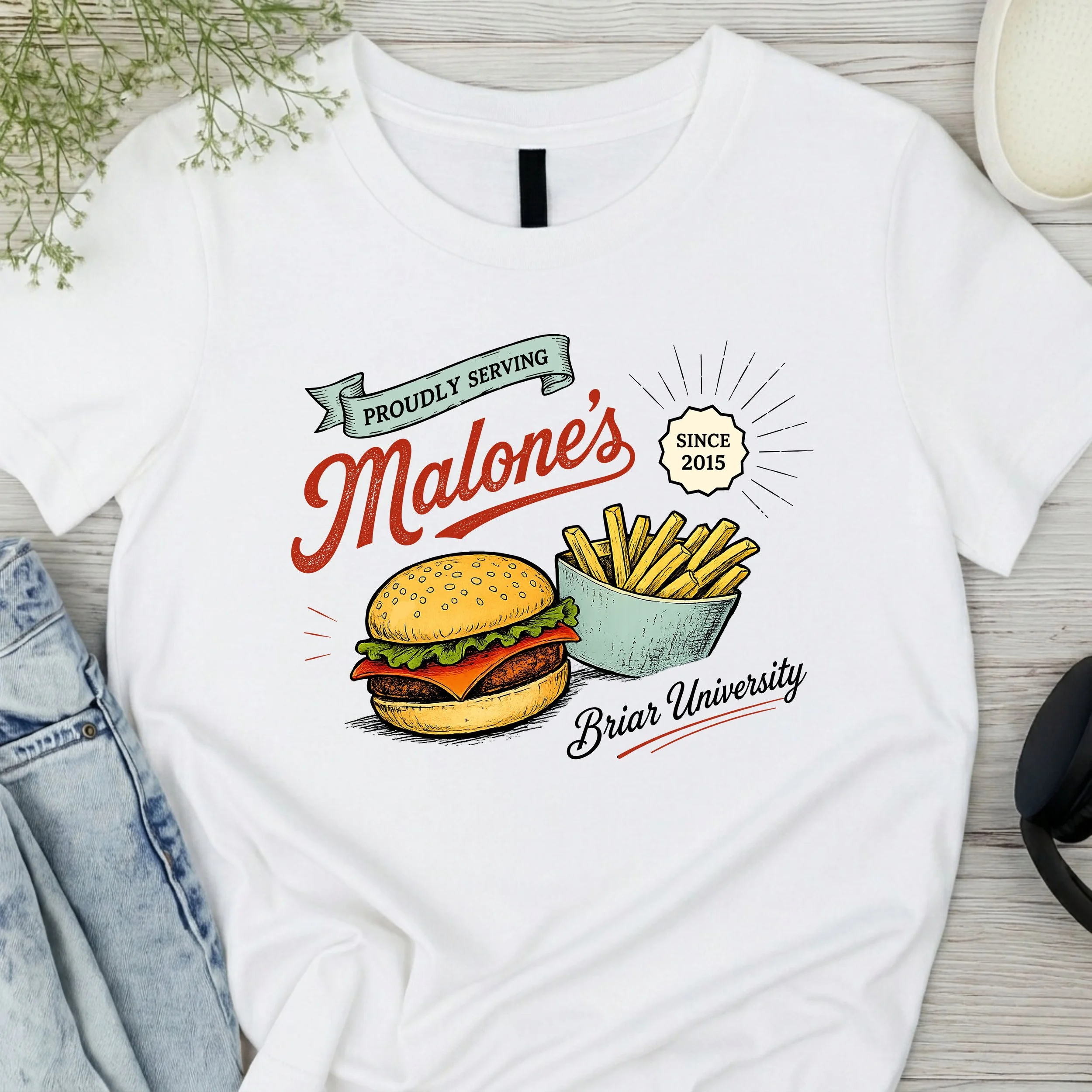 "Malone's" Briar University Burger & Fries Graphic T-Shirt - Collegiate Romance Inspired Tee - Foodie Fan Apparel