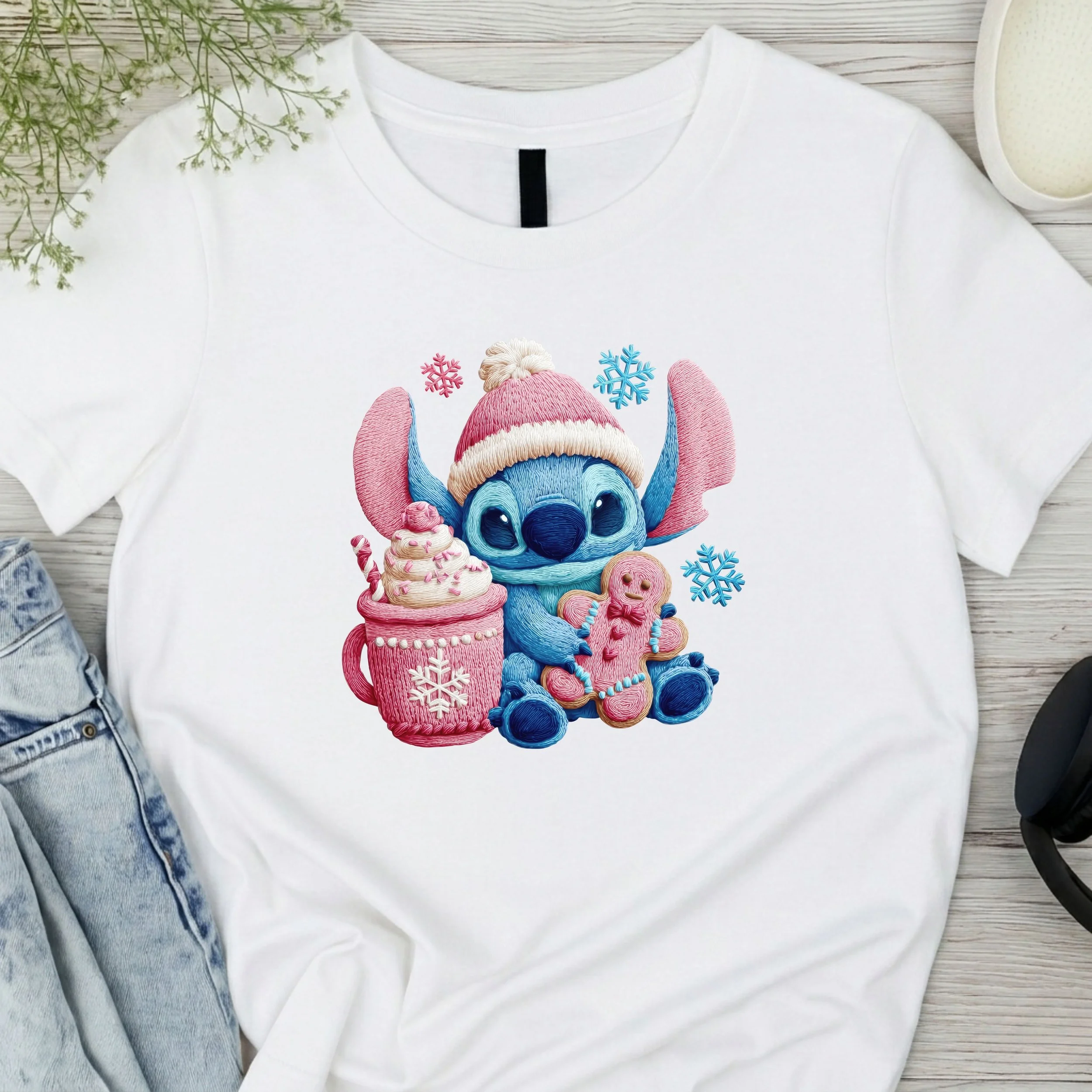 Cozy Winter Stitch Graphic T-Shirt - Festive Holiday Cartoon Tee - Cute Christmas Apparel