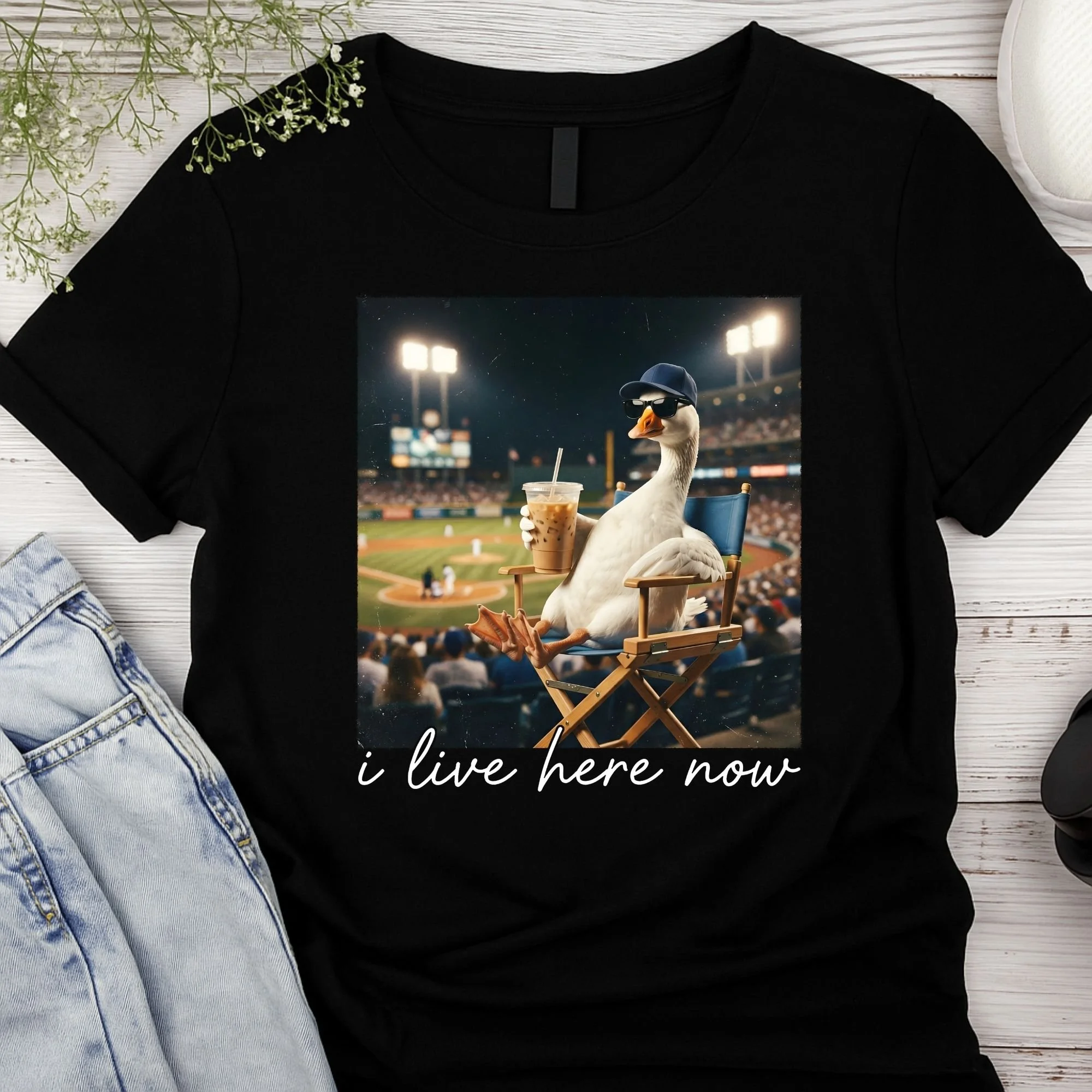 "I Live Here Now" Goose Baseball Fan T-Shirt - Funny Sports Animal Tee - Casual Game Day Apparel