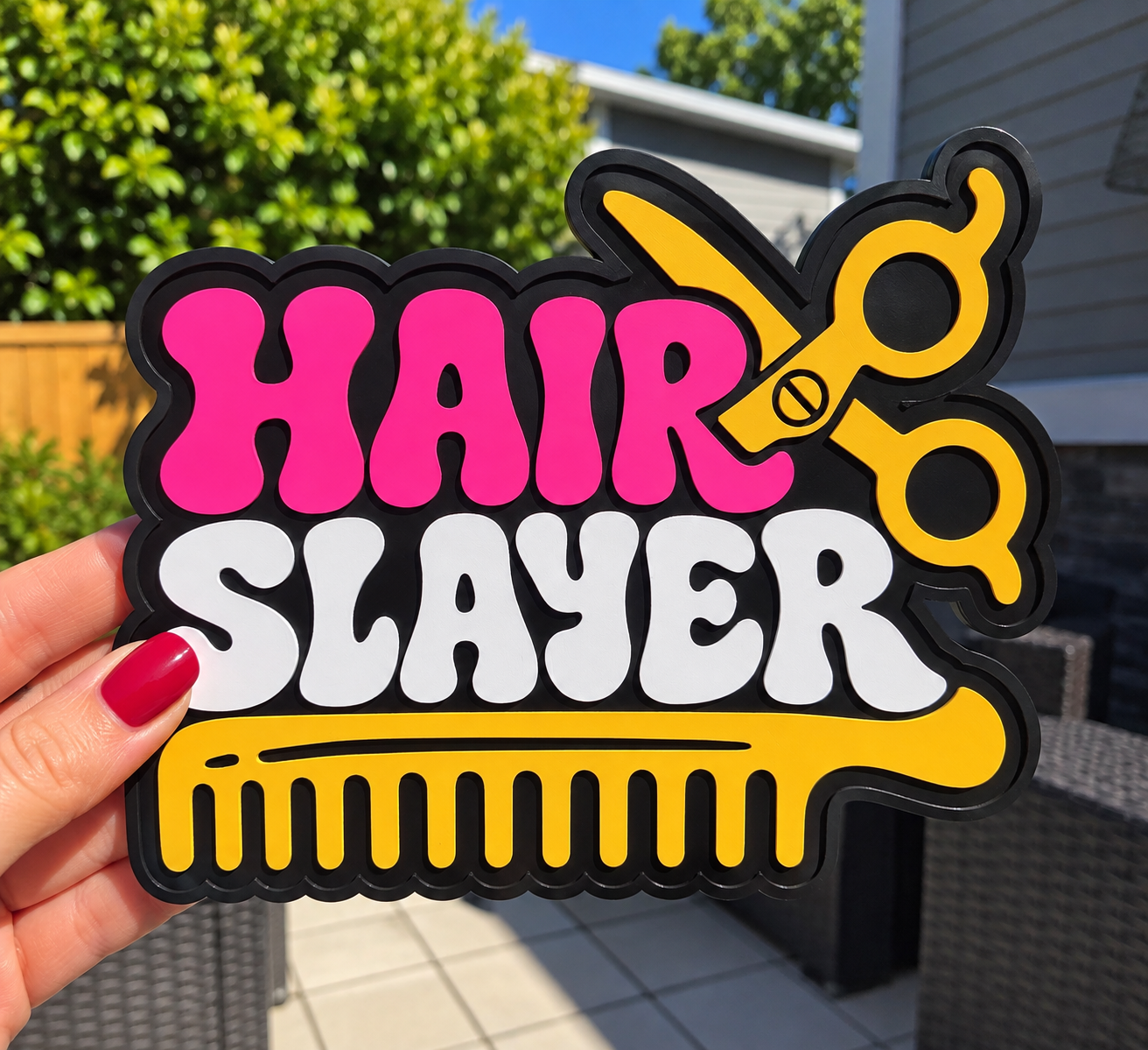 Hair Slayer Salon Sign in Sunny Backyard.png