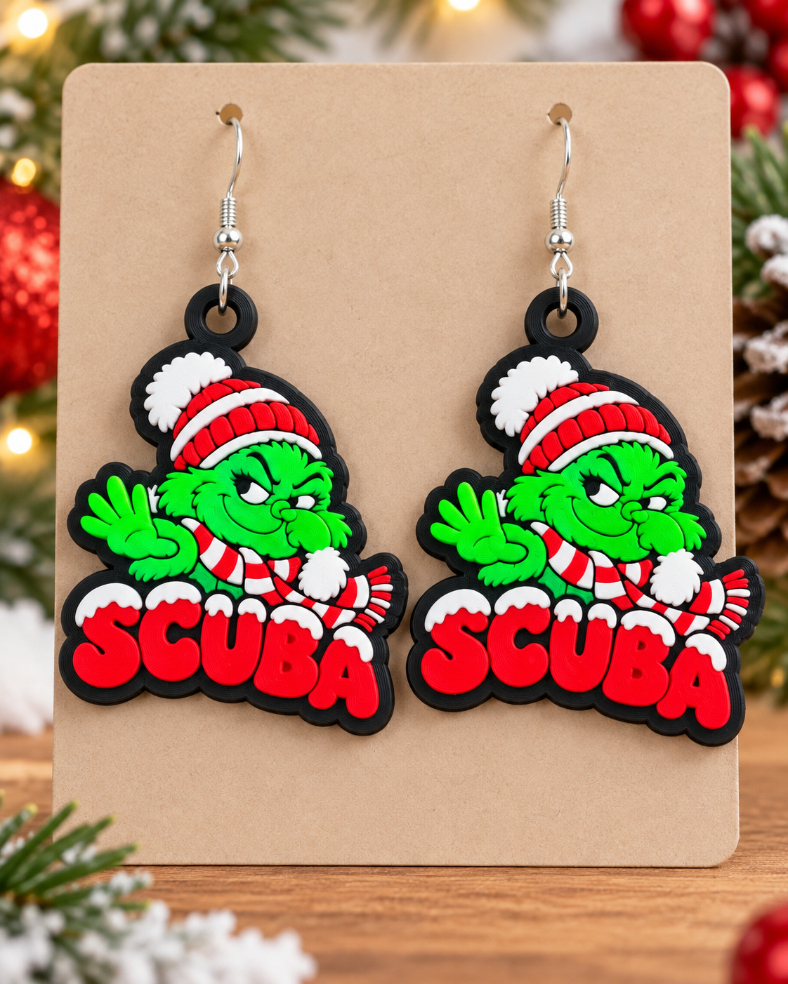 Festive Green Character SCUBA Earrings.png
