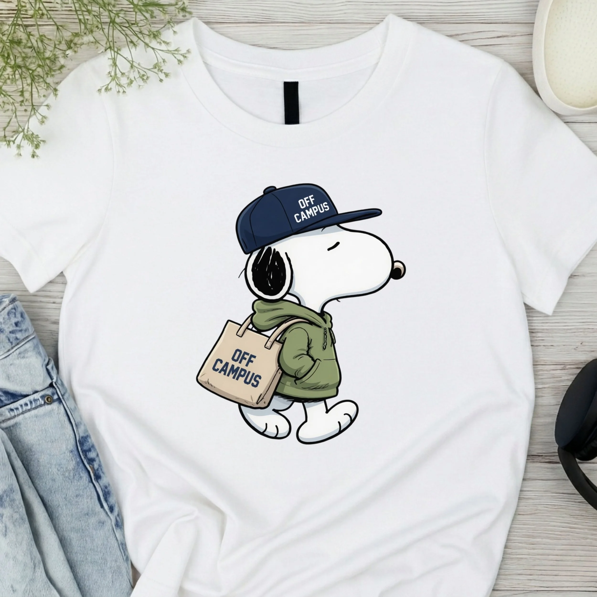 "Off Campus" Snoopy Graphic T-Shirt - Cute Cartoon Collegiate Fan Tee - Trendy Bookish Apparel