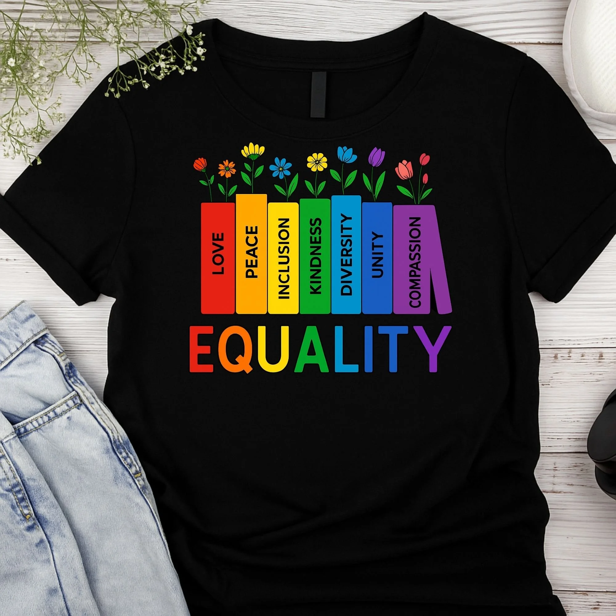 "Equality" Floral Book Stack – Rainbow Values Graphic Unisex Tee