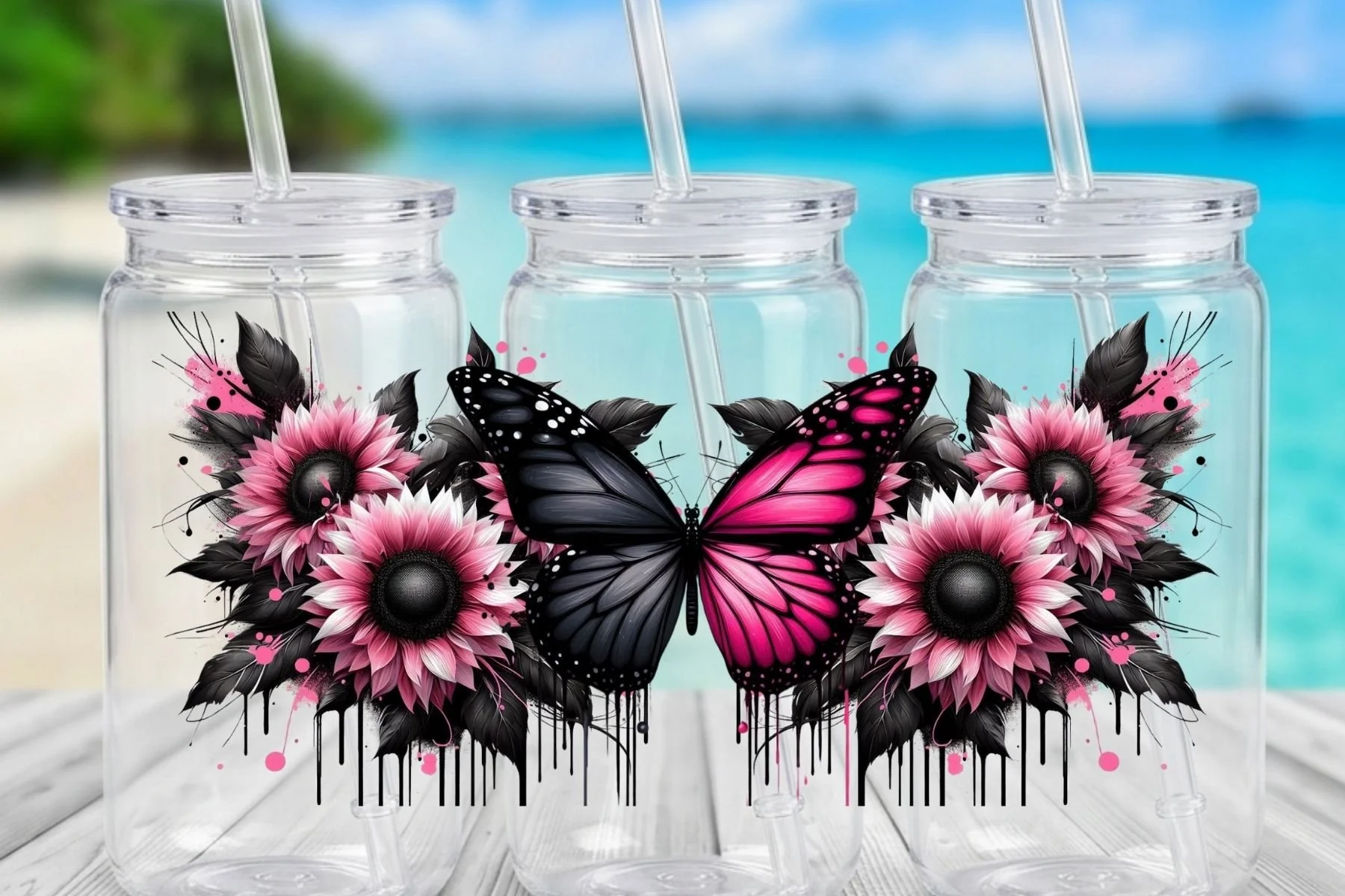 Black & Pink Butterfly with Sunflowers 16 oz. Can-Shaped Plastic Tumbler