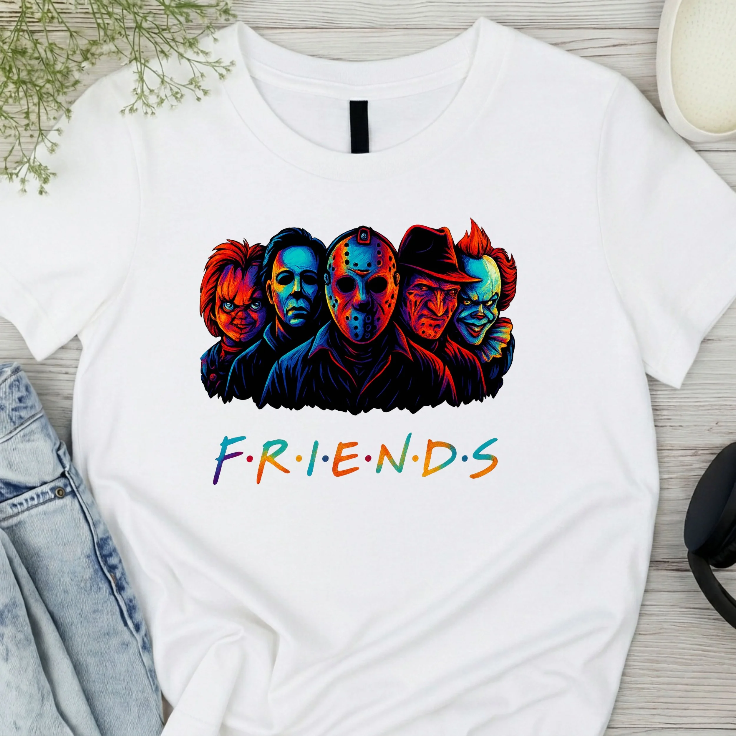 Horror Movie Friends Graphic T-Shirt - Iconic Slasher Mashup Tee - Spooky Pop Culture Apparel