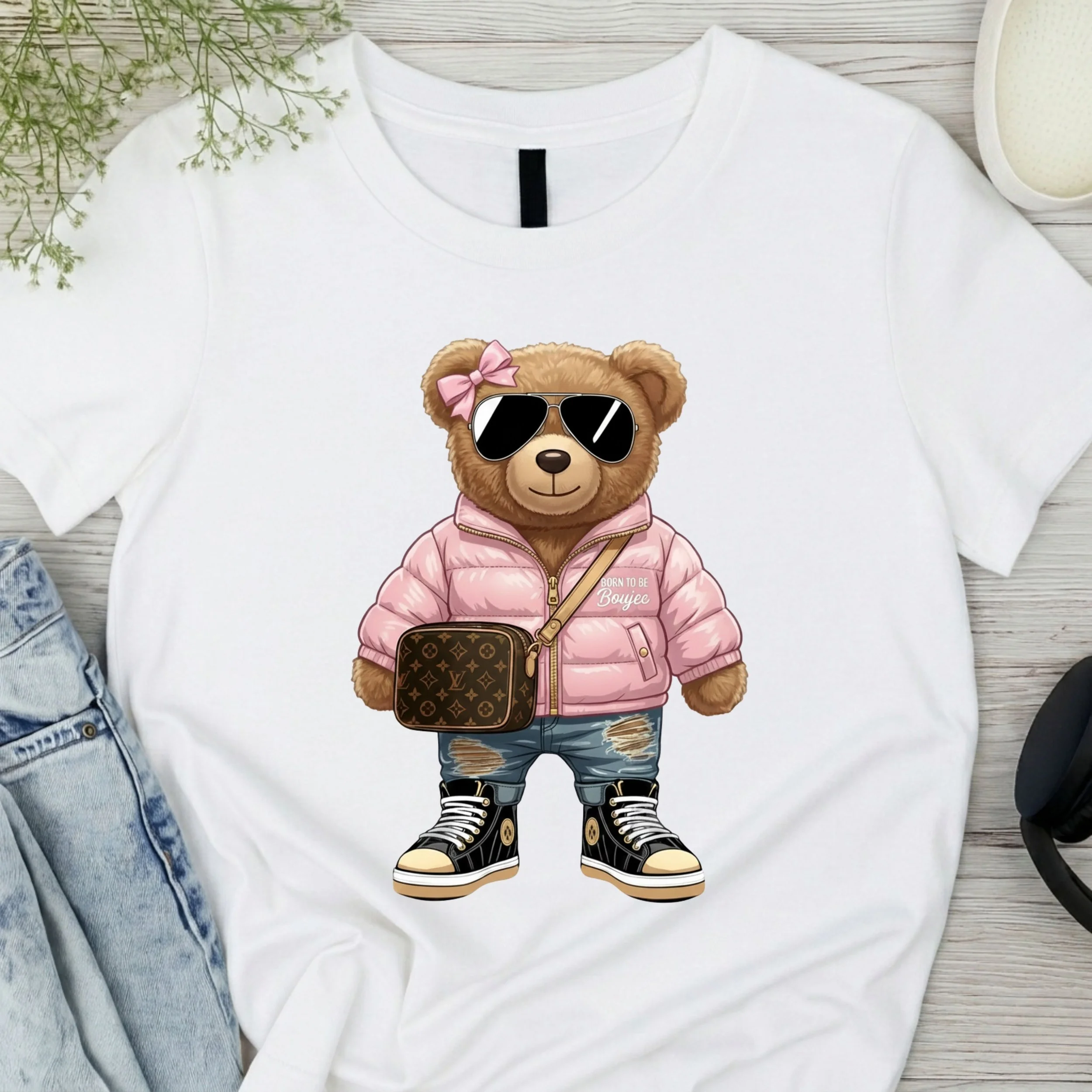 "Born to be Boujee" Teddy Bear Graphic T-Shirt - Stylish Plushie Casual Tee - Trendy Fashion Apparel