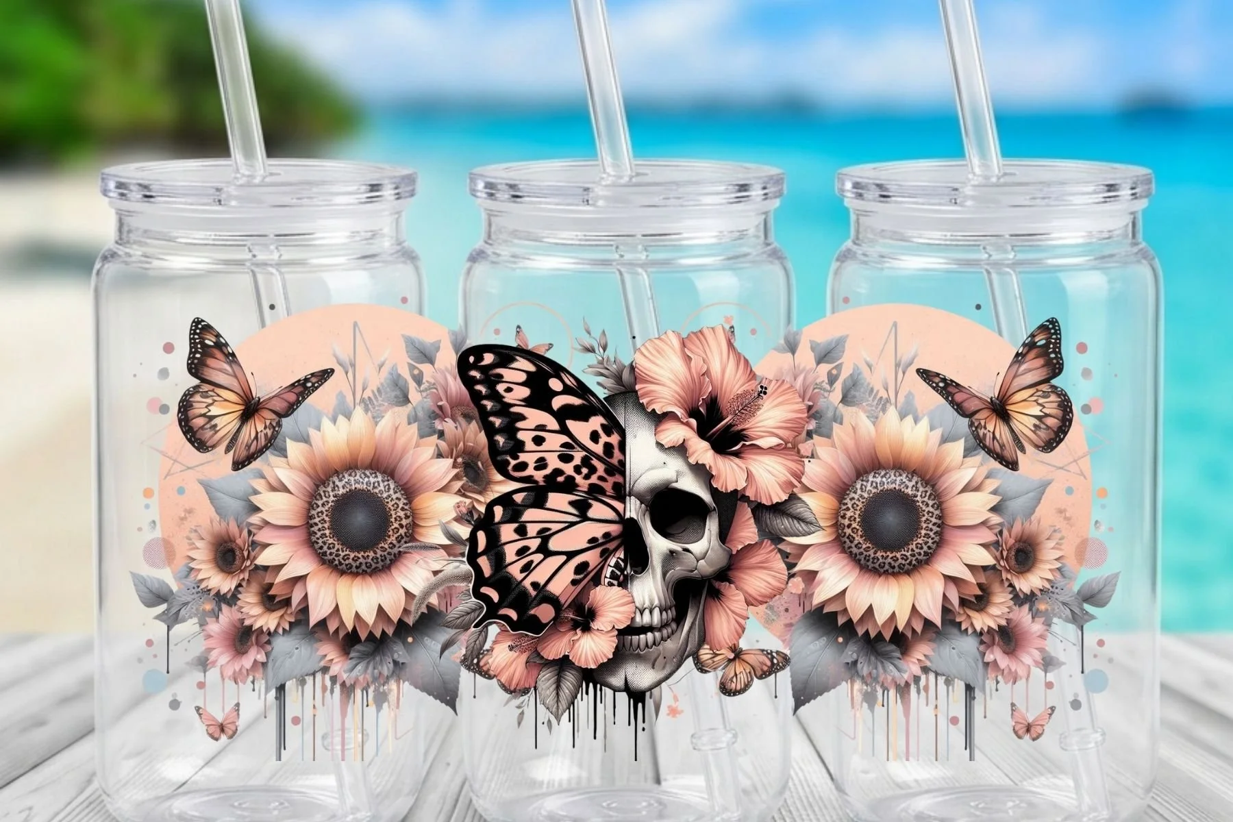 Skull, Butterfly & Sunflower Artistic 16 oz. Can-Shaped Plastic Tumbler