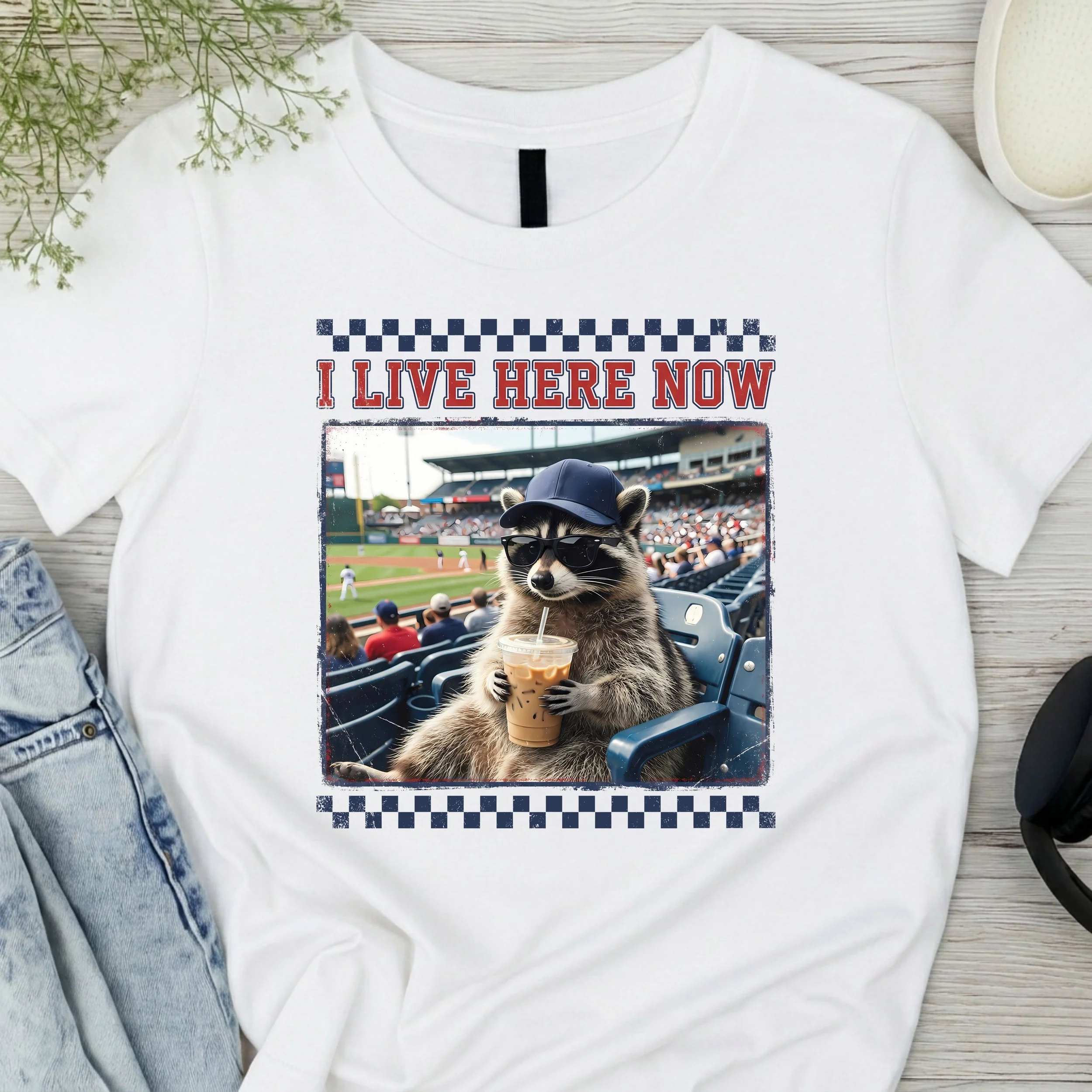 "I Live Here Now" Raccoon Baseball Fan T-Shirt - Funny Sports Animal Tee - Casual Game Day Apparel