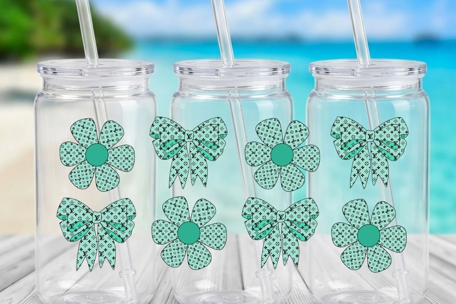 Mint Designer-Inspired Monogram Bow & Flower 16 oz. Can-Shaped Plastic Tumbler