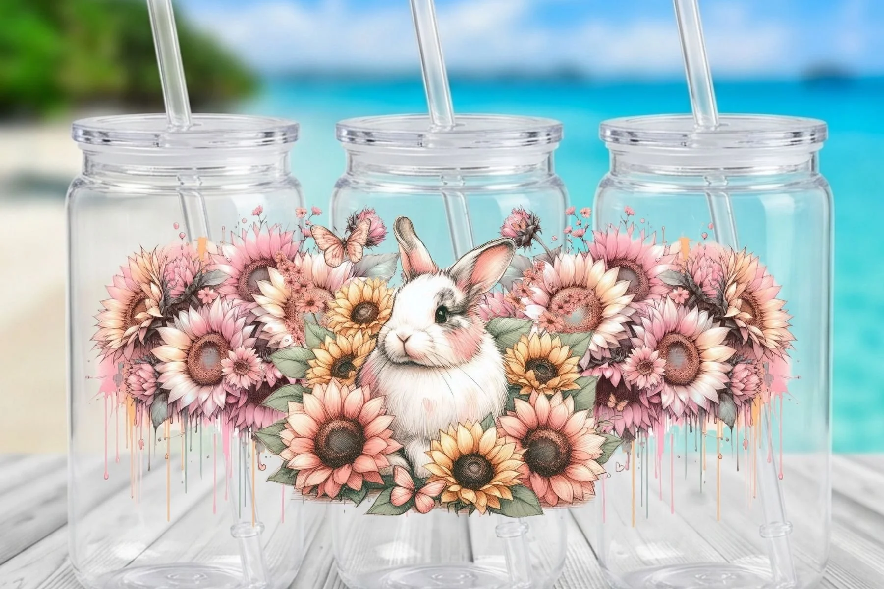 Whimsical Bunny & Pink Sunflower 16 oz. Can-Shaped Plastic Tumbler