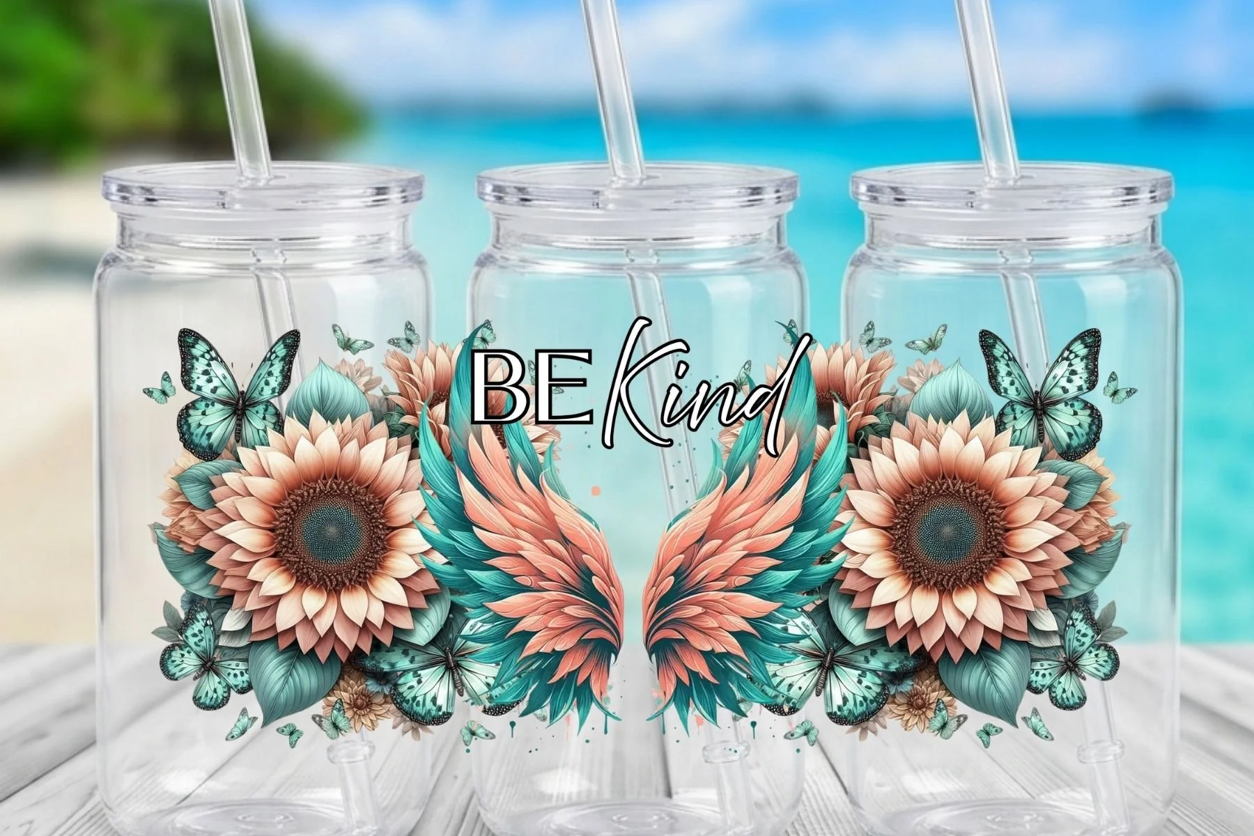 "BE Kind" Angel Wings & Sunflowers 16 oz. Can-Shaped Plastic Tumbler