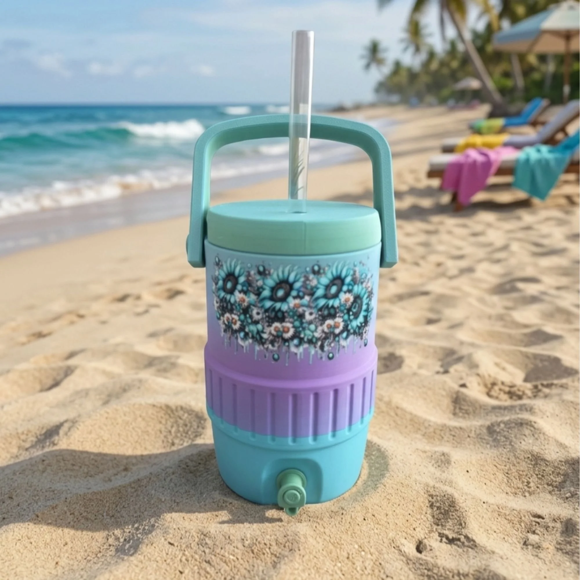 Blue Ombré Sunflower Cooler Can Holder – Durable Waterproof UV DTF Design