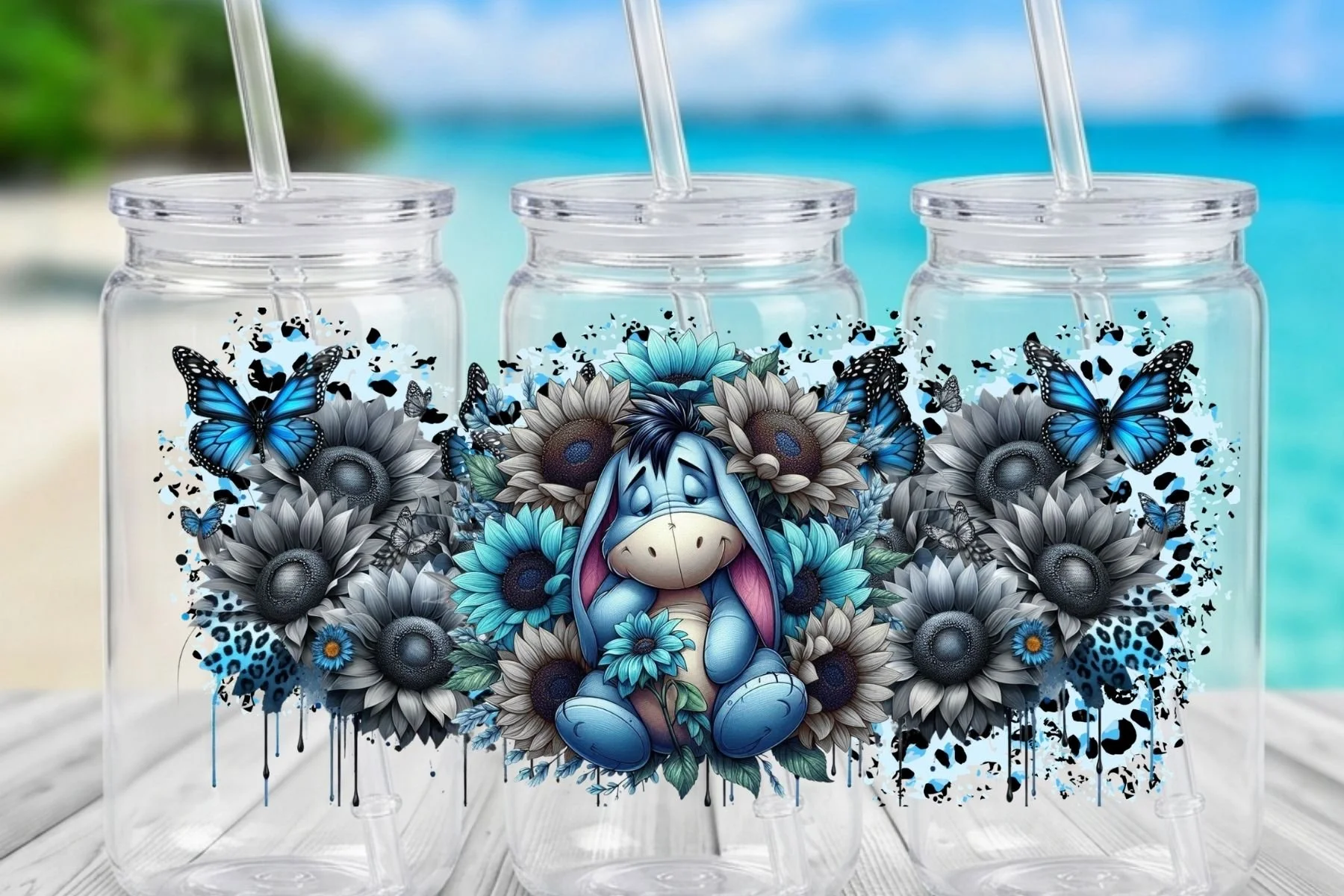 Eeyore & Blue Sunflower 16 oz. Can-Shaped  Plastic Tumbler