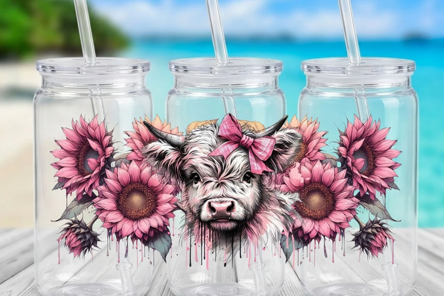 Highland Cow with Pink Bow & Sunflowers 16 oz. Can-Shaped Plastic Tumbler