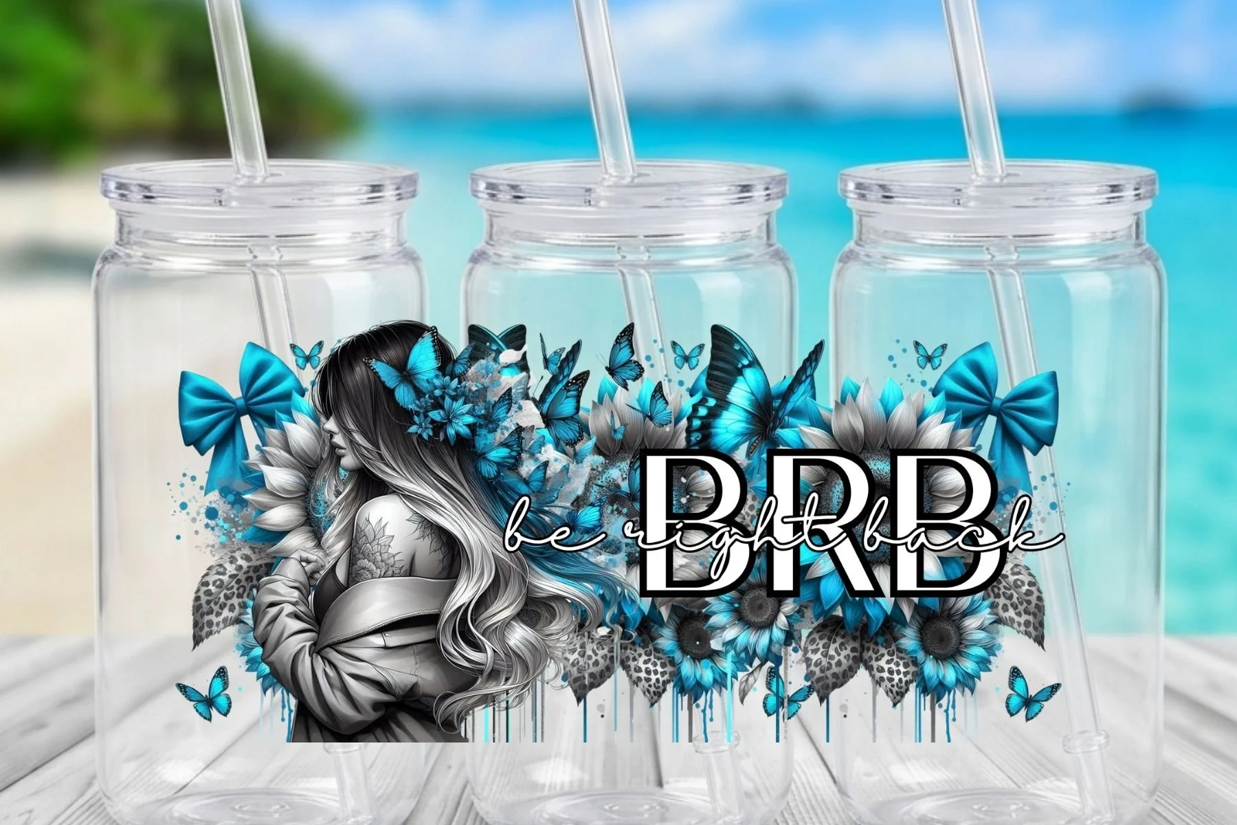"BRB" Aesthetic Girl & Blue Butterflies 16 oz. Can-Shaped Plastic Tumbler