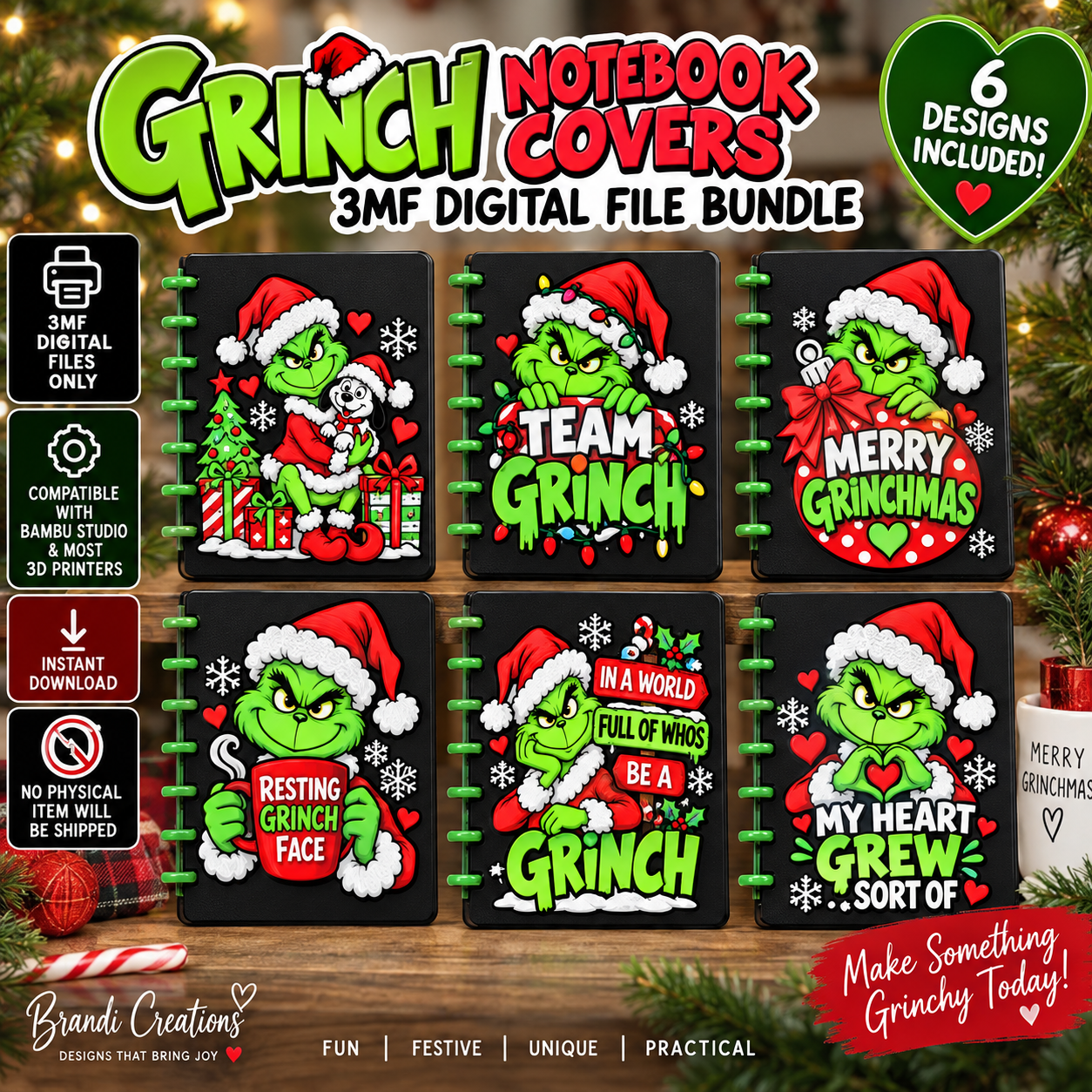 Grinch Christmas Notebook Covers – Bundle of 6 | 3MF Digital Files
