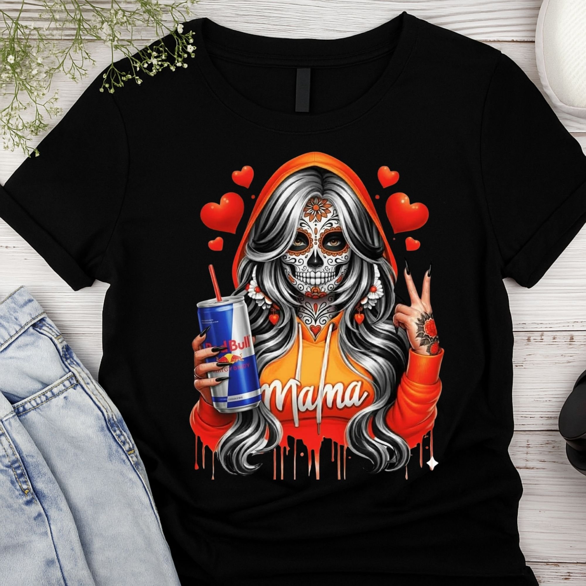 Energy Mama Sugar Skull Graphic T-Shirt - Day of the Dead Inspired Tee - Trendy Mom Life Apparel