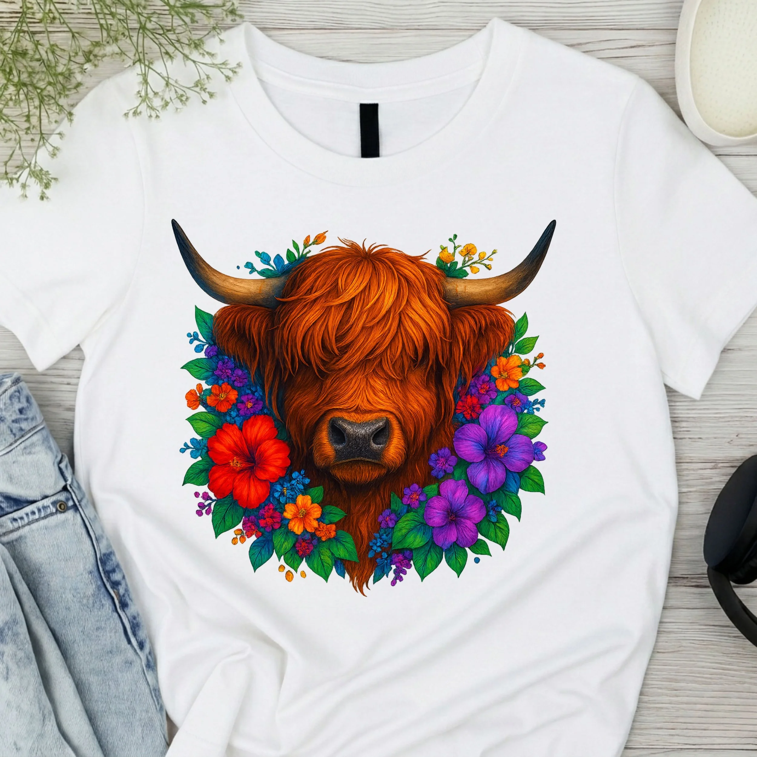Highland Cow Floral Graphic T-Shirt - Vibrant Farmhouse Apparel - Artistic Animal Print Tee