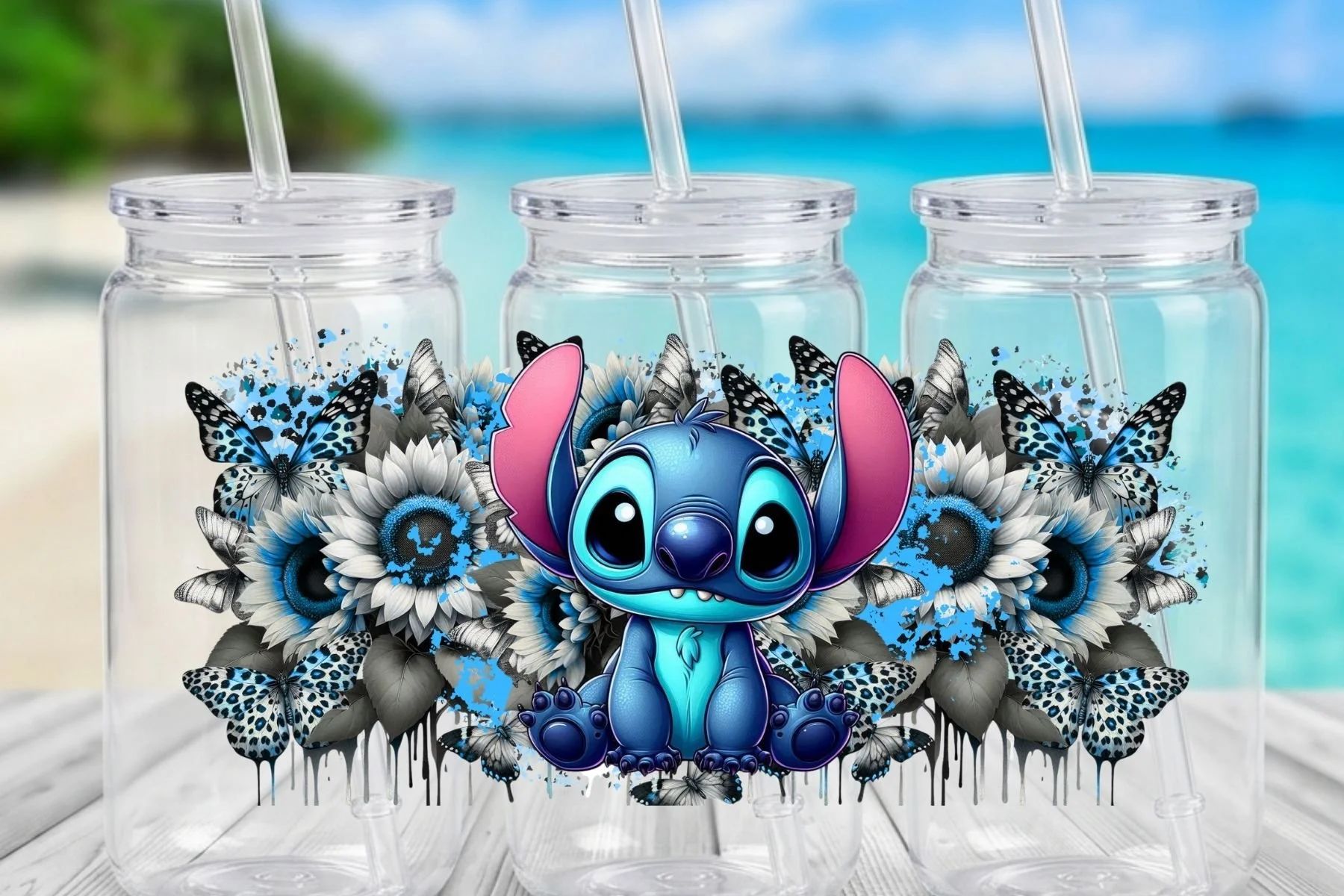 Stitch & Blue Sunflowers 16 oz. Can-Shaped Plastic Tumbler