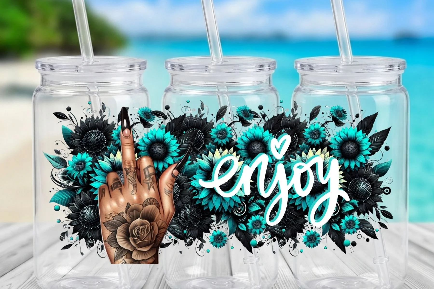 "Enjoy" Tattooed Hand & Teal Sunflower 16 oz. Can-Shaped Plastic Tumbler