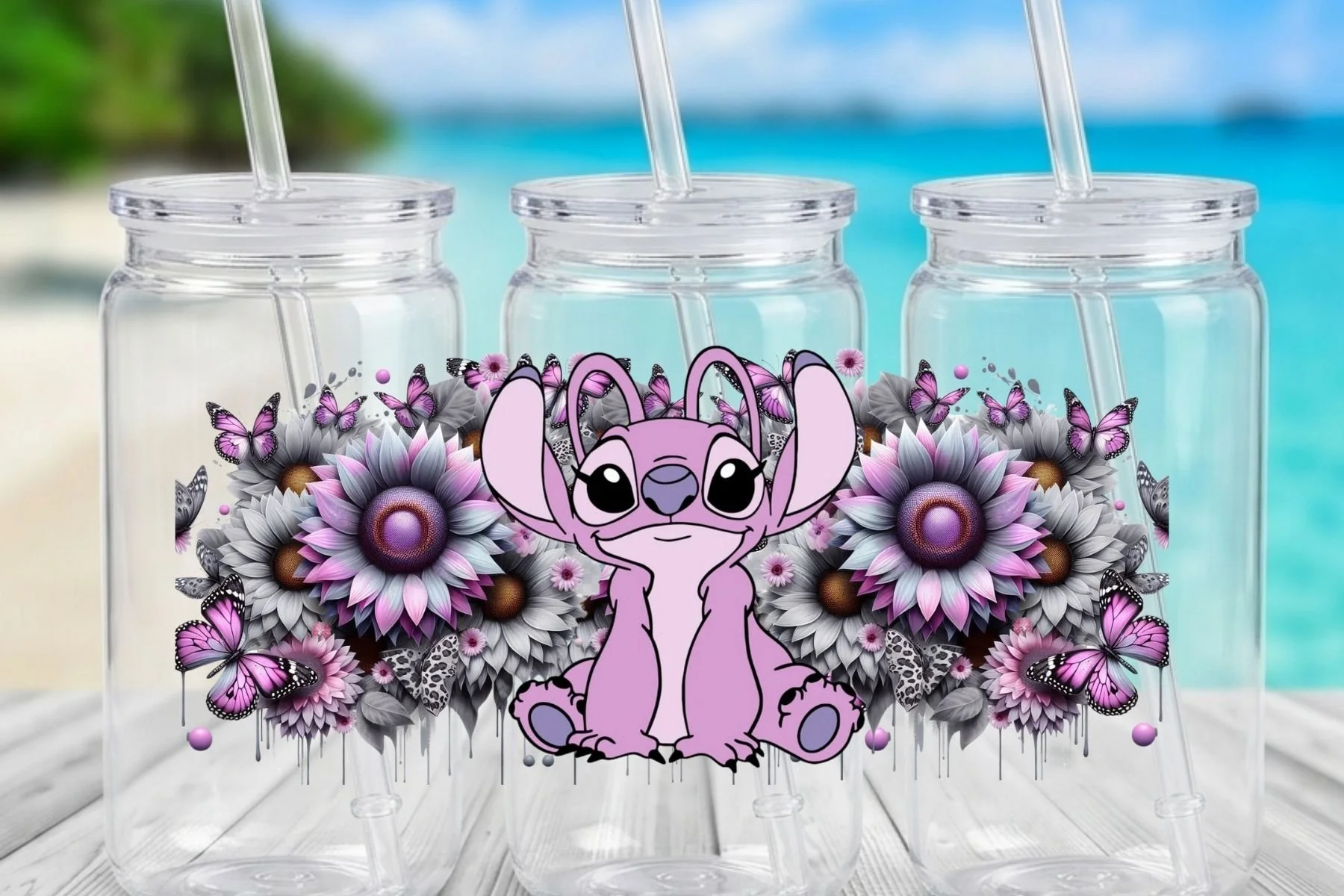 Angel (Stitch's Girlfriend) & Pink Sunflower 16 oz. Can-Shaped Plastic Tumbler
