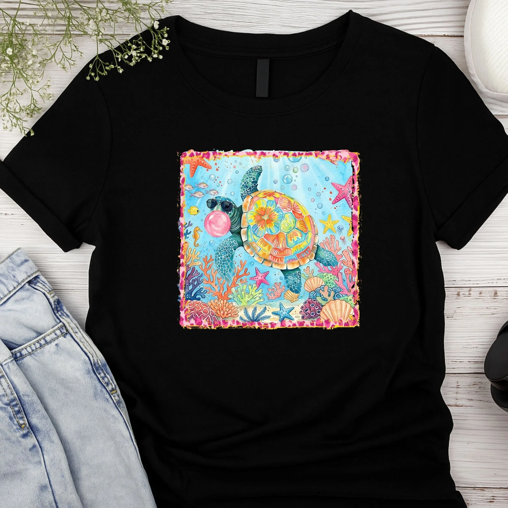 Bubblegum Sea Turtle Graphic T-Shirt - Tropical Ocean Vibes Tee - Cute Marine Life Apparel