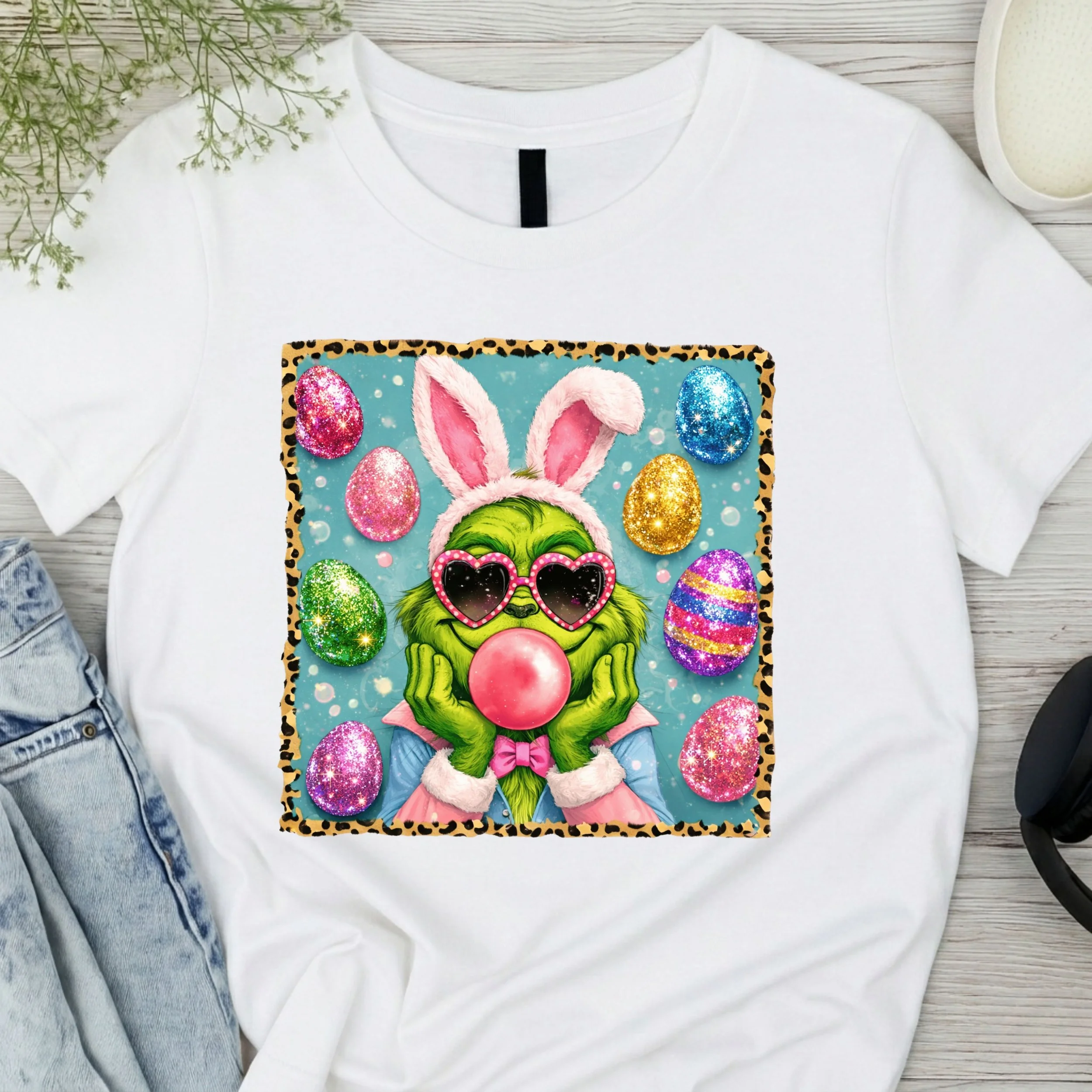 Easter Grinch Graphic T-Shirt - Festive Spring Cartoon Tee - Fun Bunny Ears Apparel