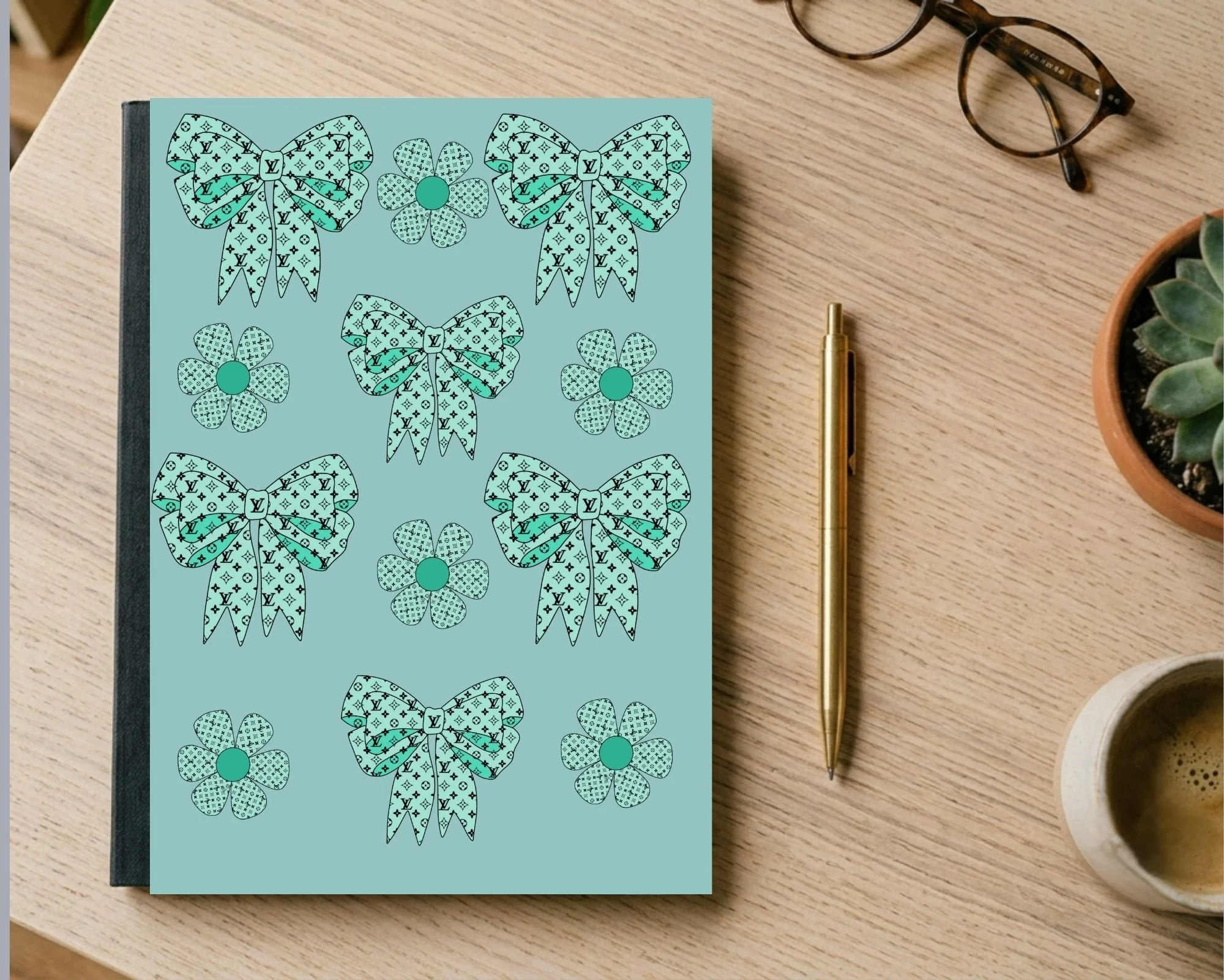Luxury Coquette Aesthetic Teal Monogram Bow 80 page Notebook
