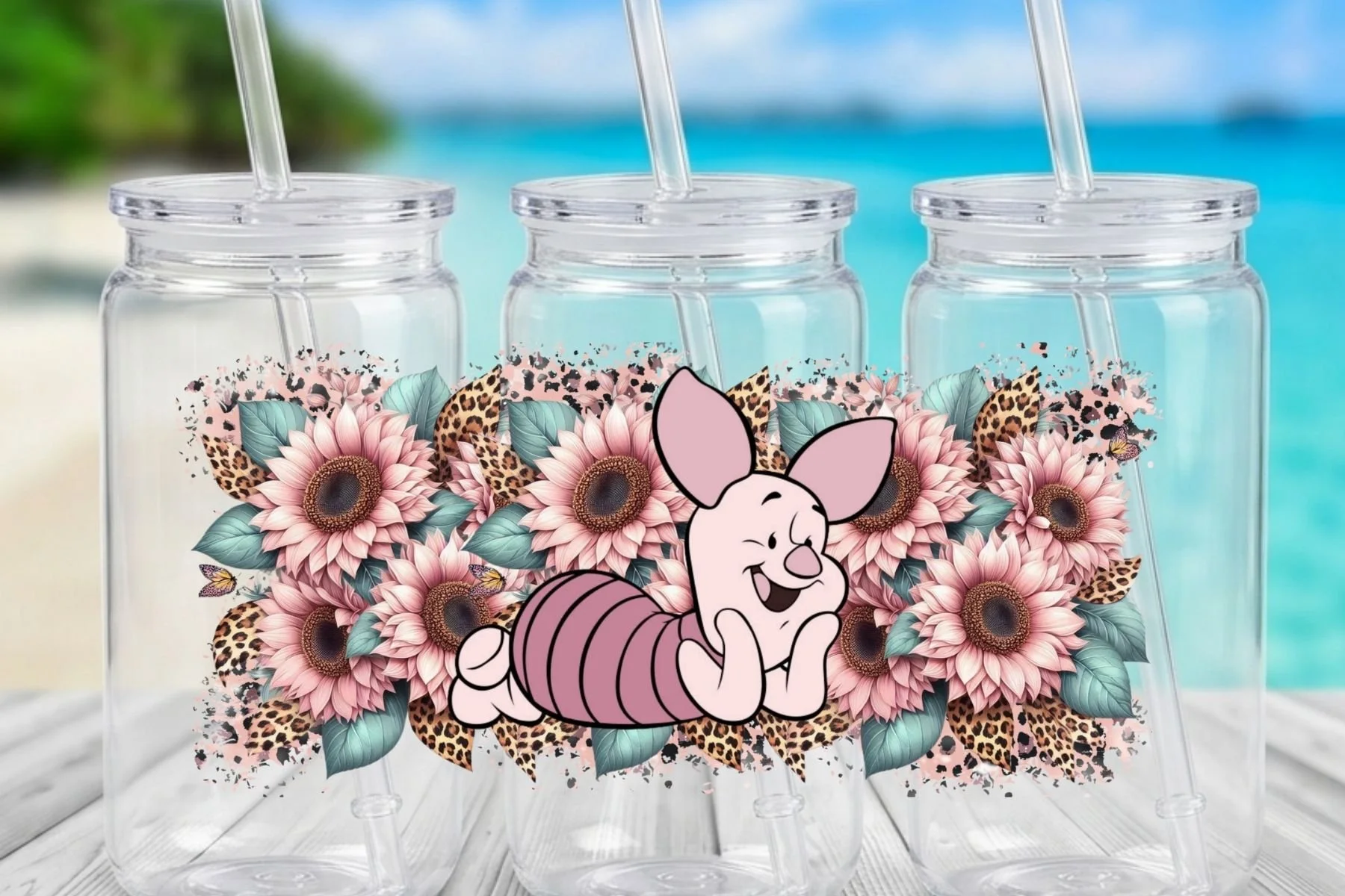 Piglet  & Sunflowers 16 oz. Can-Shaped Plastic Tumbler