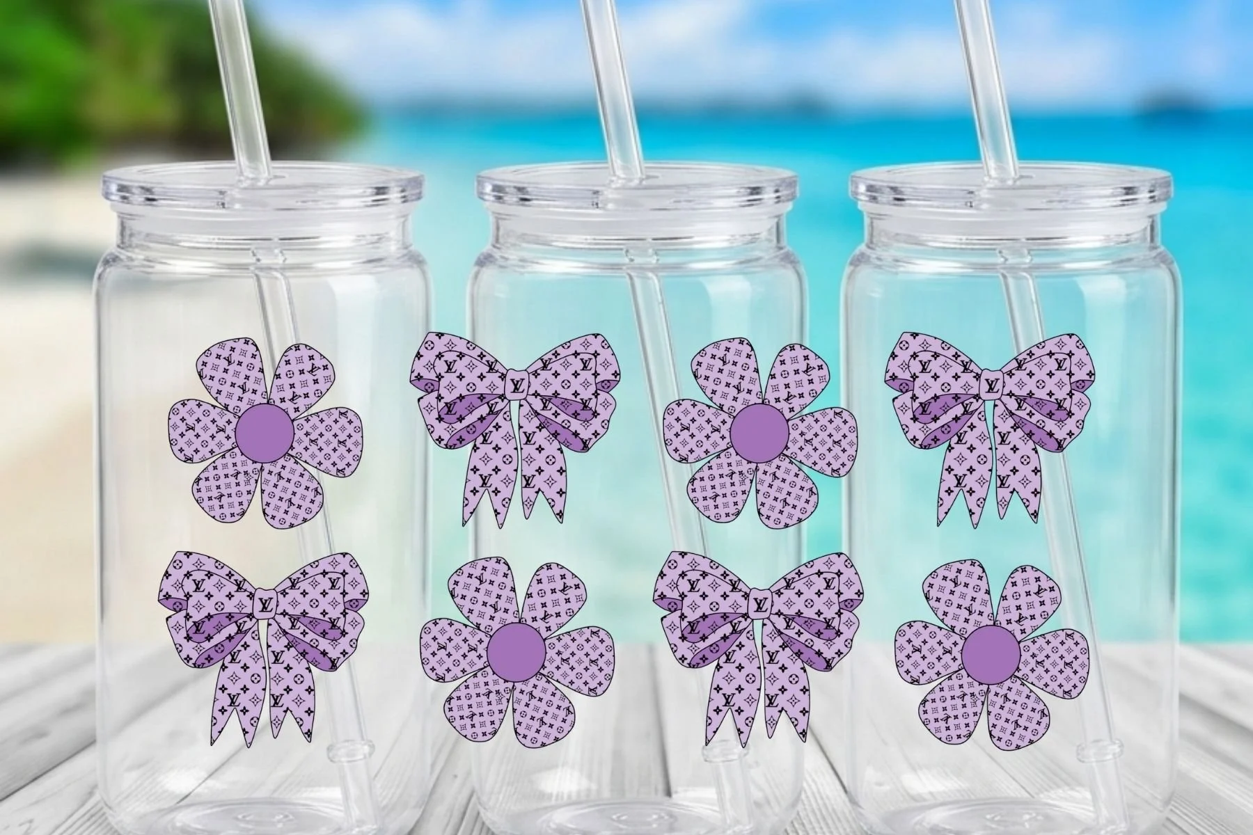 Purple Designer-Inspired Monogram Bow & Flower 16 oz. Can-Shaped Tumbler