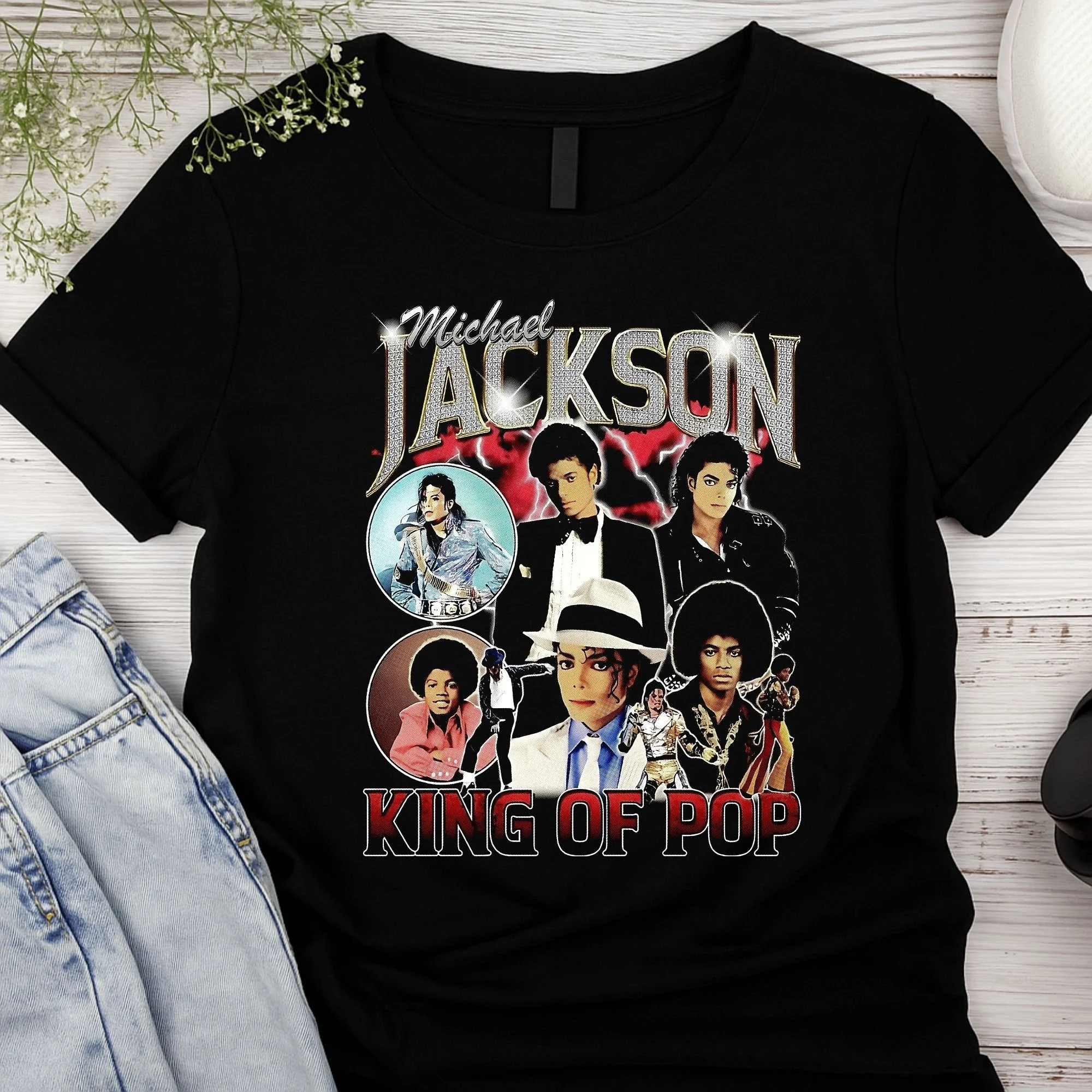 Vintage-Style "King of Pop" Collage T-Shirt – Music Legend Tribute