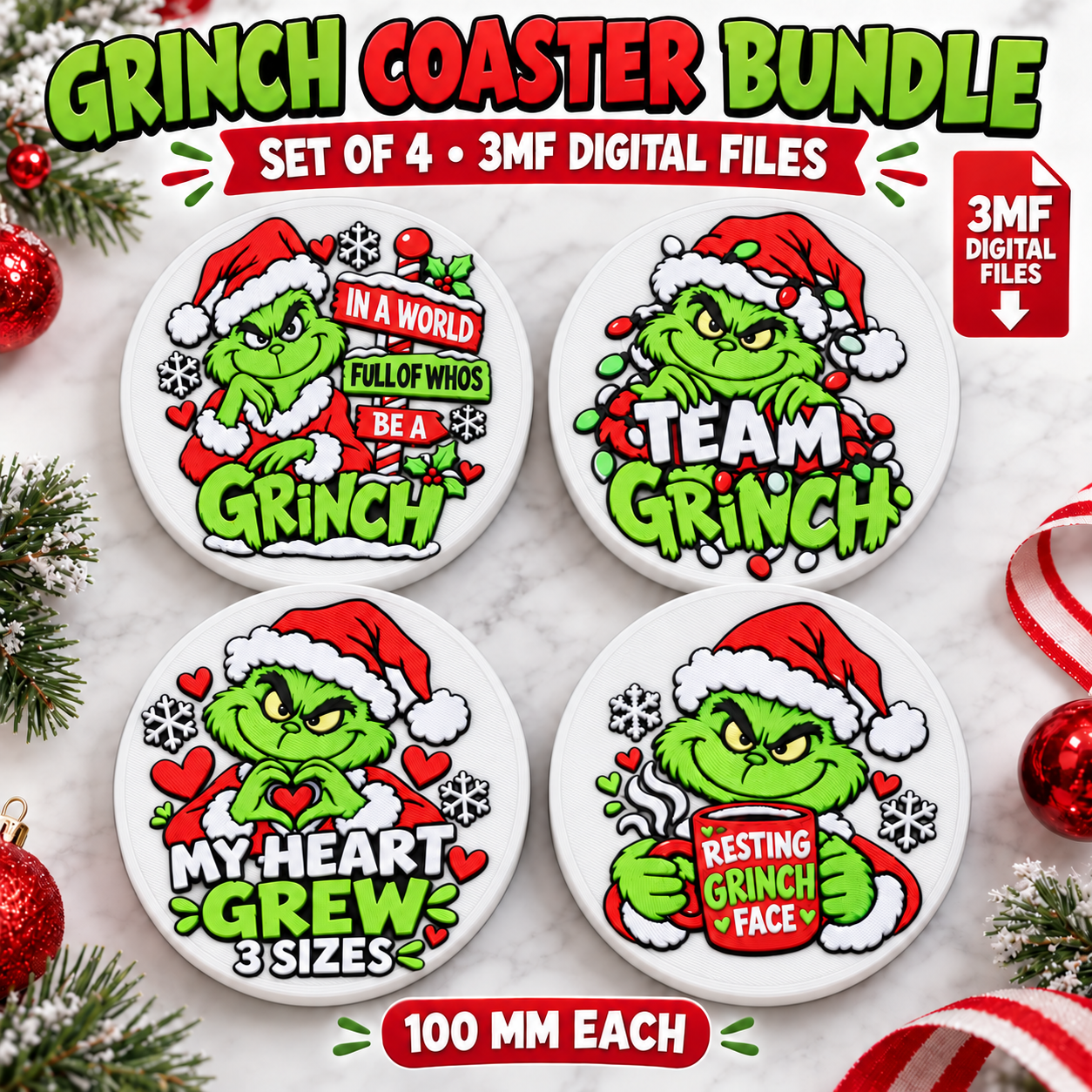 Grinch Christmas Coaster Bundle – Set of 4 Digital 3MF Files