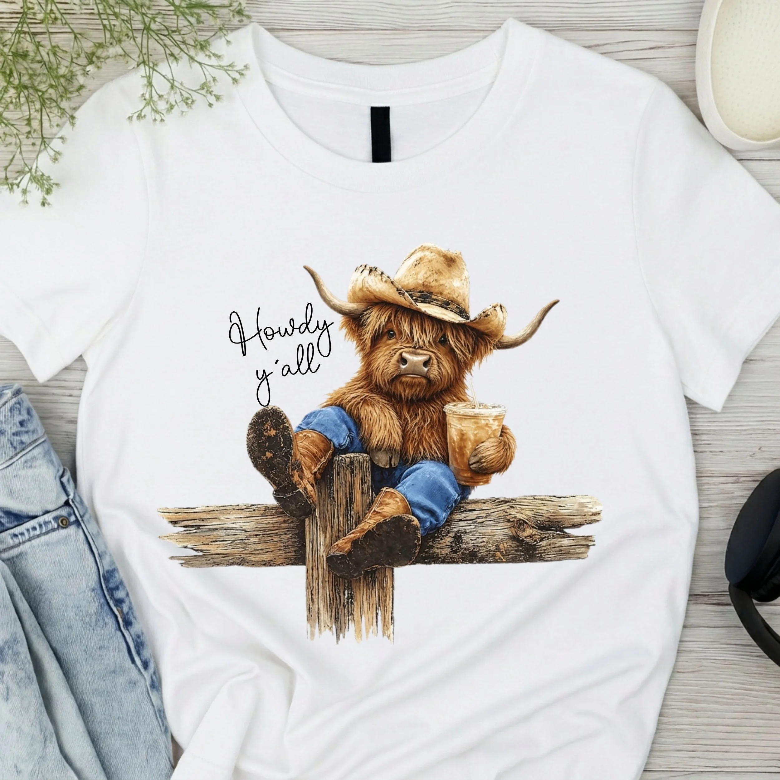 "Howdy Y'all" Highland Cow Graphic T-Shirt - Country Style Western Tee - Cute Cowboy Cow Apparel