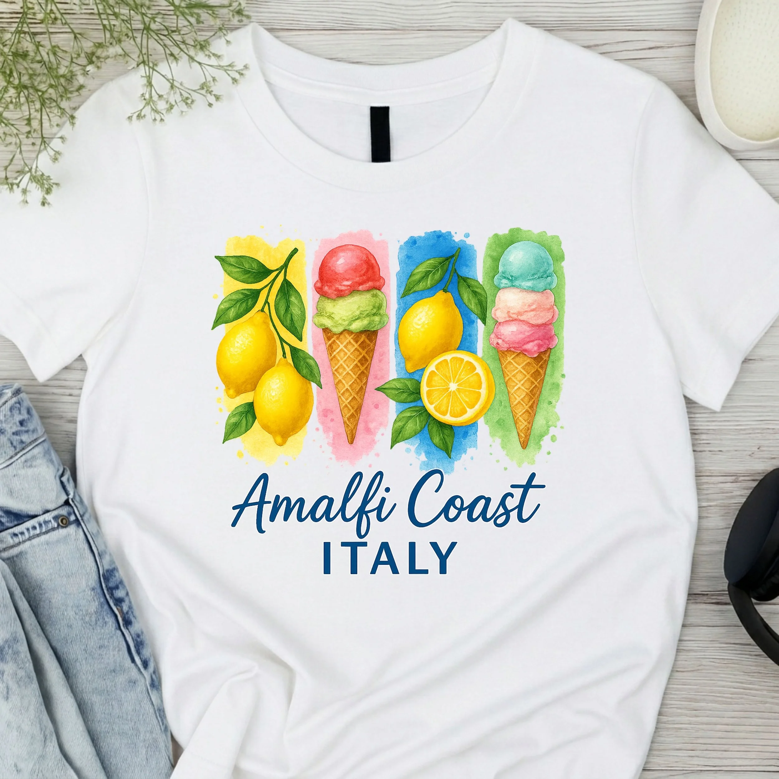 "Amalfi Coast Italy" Watercolor Summer Graphic Tee
