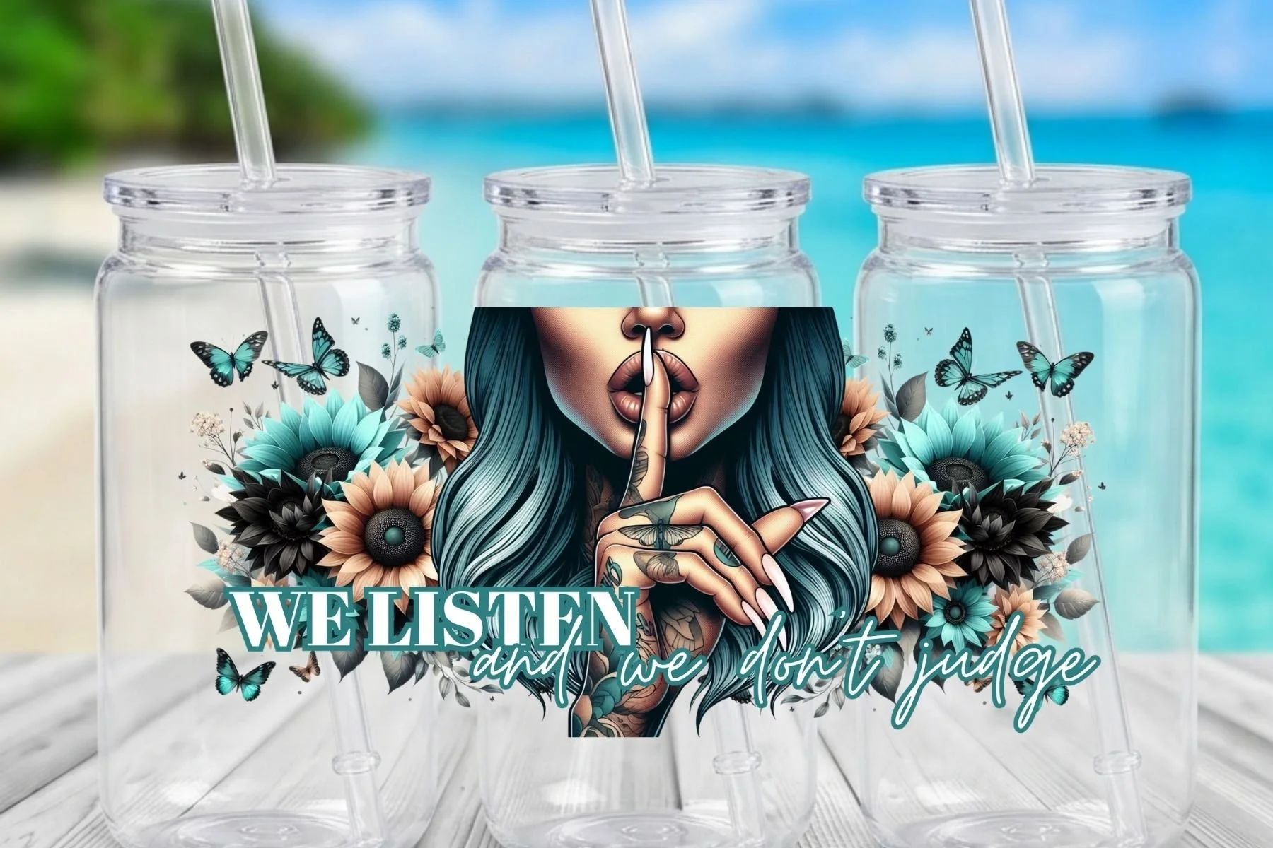 "We Listen and We Don't Judge" Aesthetic Tattooed Hands & Blue Sunflower 16 oz. Can-Shaped Plastic Tumbler